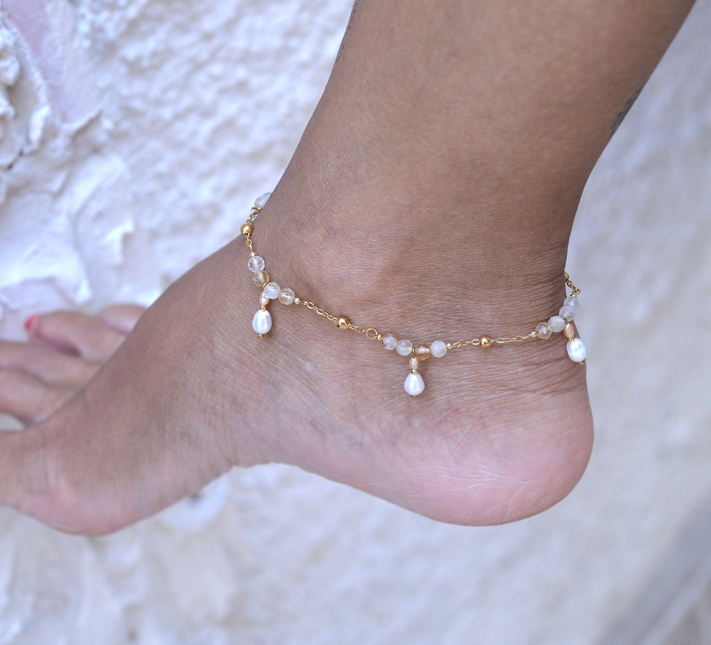Chaîne de cheville Céline - Citrine et perles d’eau douce