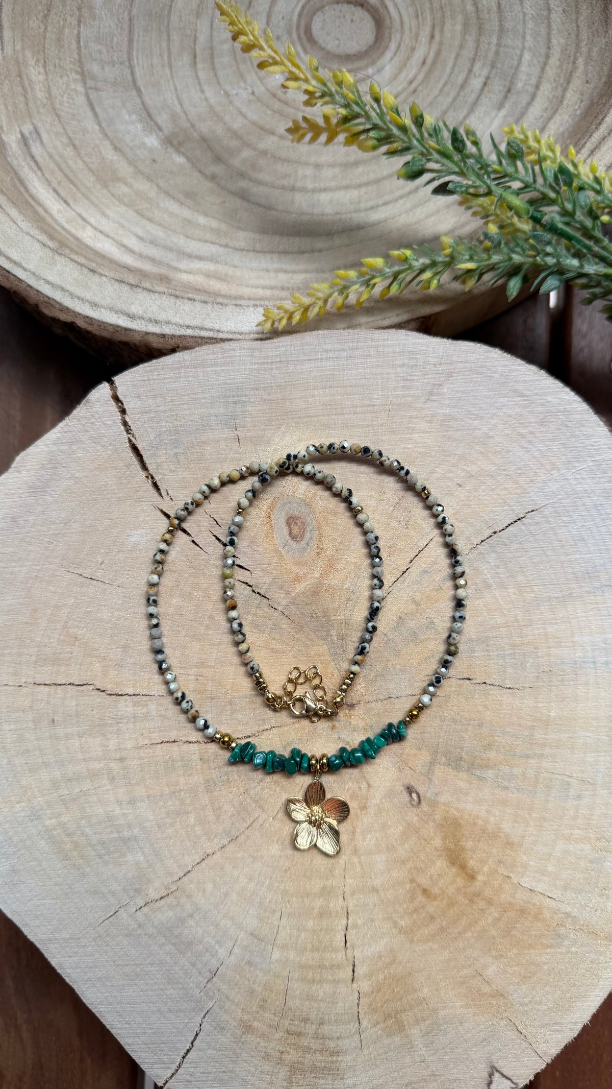Collier Malachite & Jaspe Dalmatien – Mini Fleur