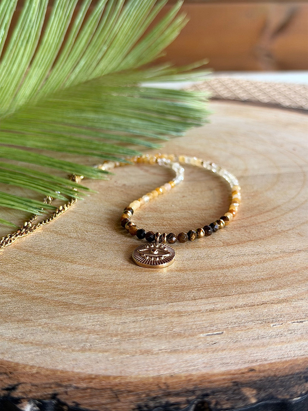 Chaîne de taille talisman – Aventurine jaune, quartz rutile et œil de tigre