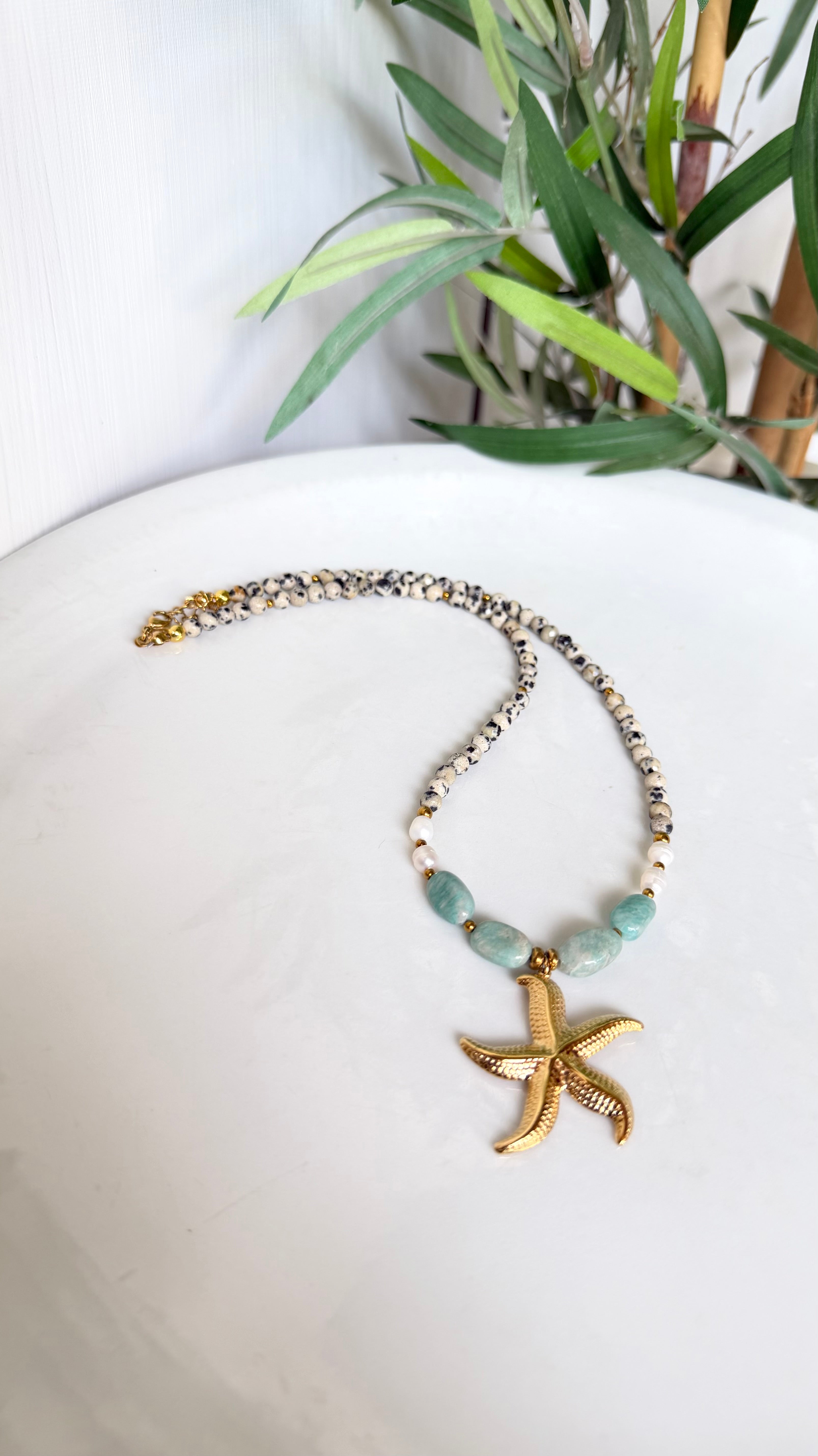 Collier Amazonite, Jaspe Dalmatien & Perles d’Eau Douce