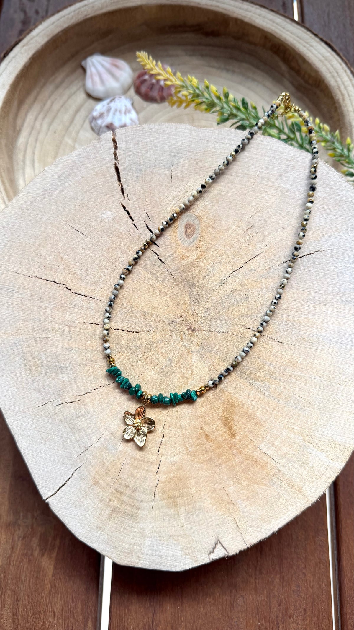 Collier Malachite & Jaspe Dalmatien – Mini Fleur