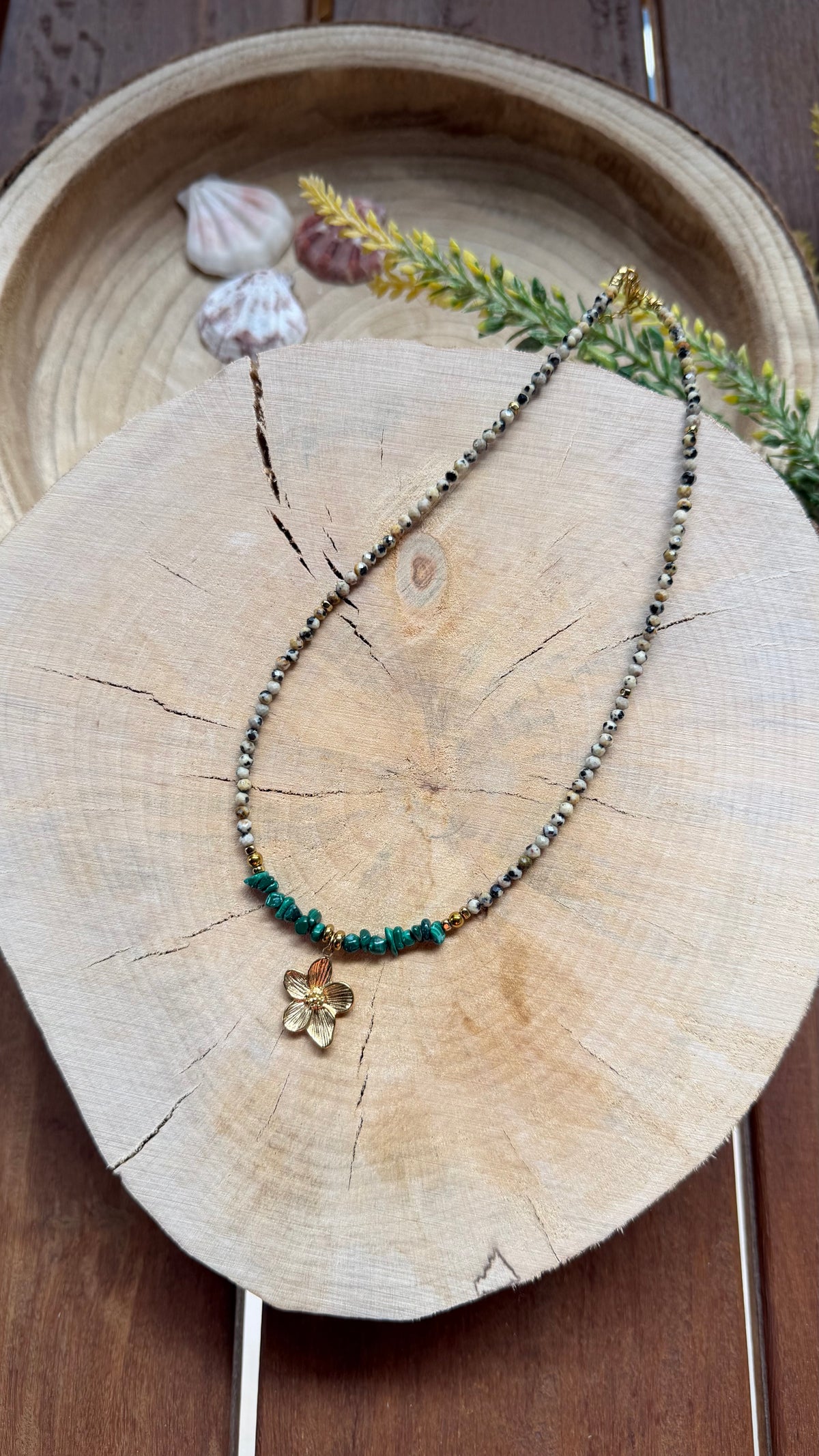 Collier Malachite & Jaspe Dalmatien – Mini Fleur