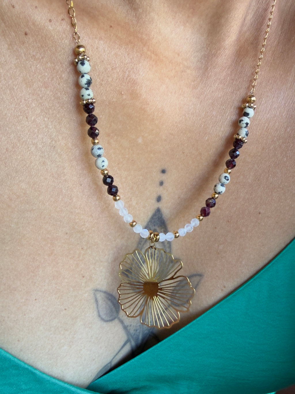Collier Azélie - Grenat - Jaspe Dalmatien - Quartz Rose