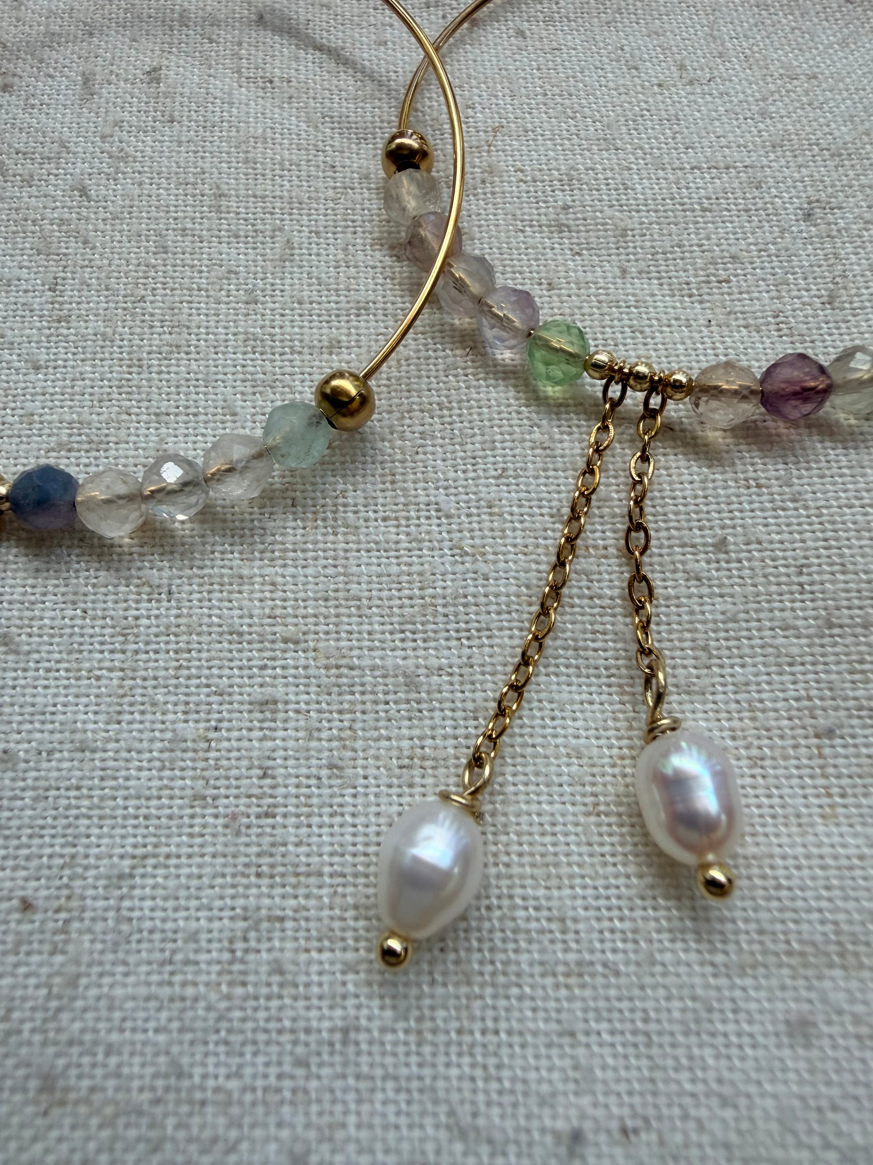 ✨ Boucles d’oreilles Soline – Fluorite naturelle, perle d’eau douce et acier inoxydable