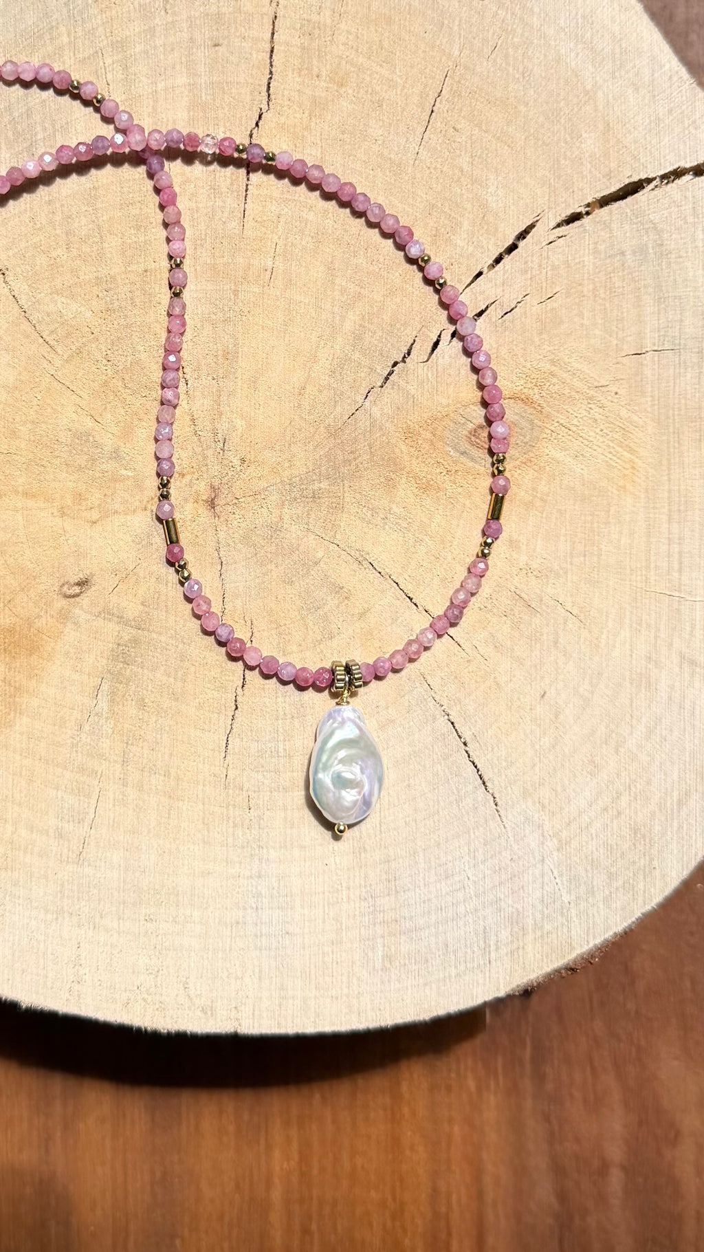 Collier Tourmaline rose & Perle d’eau douce baroque
