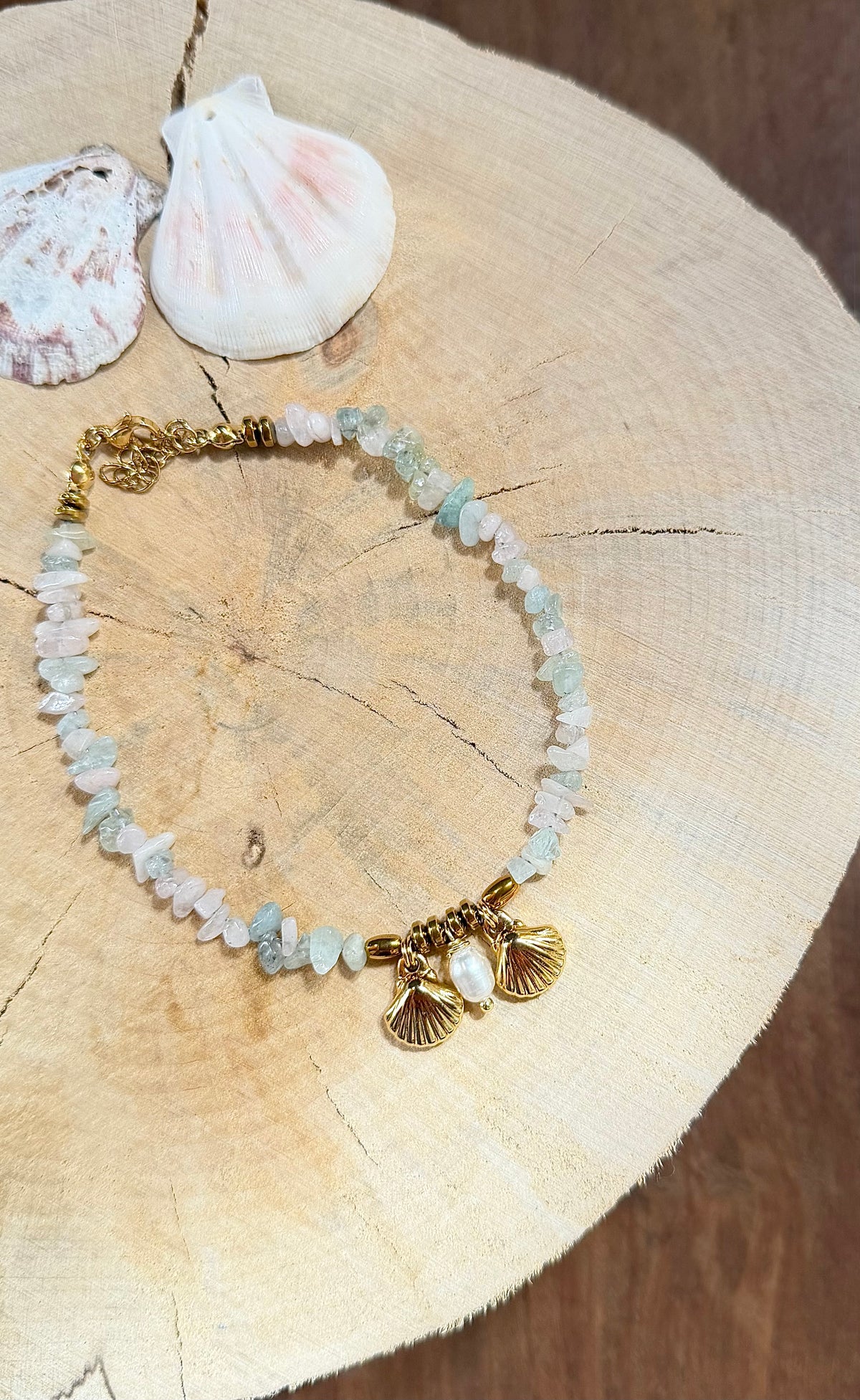 Chaîne de Cheville Morganite, Coquillages & Perle d’Eau Douce
