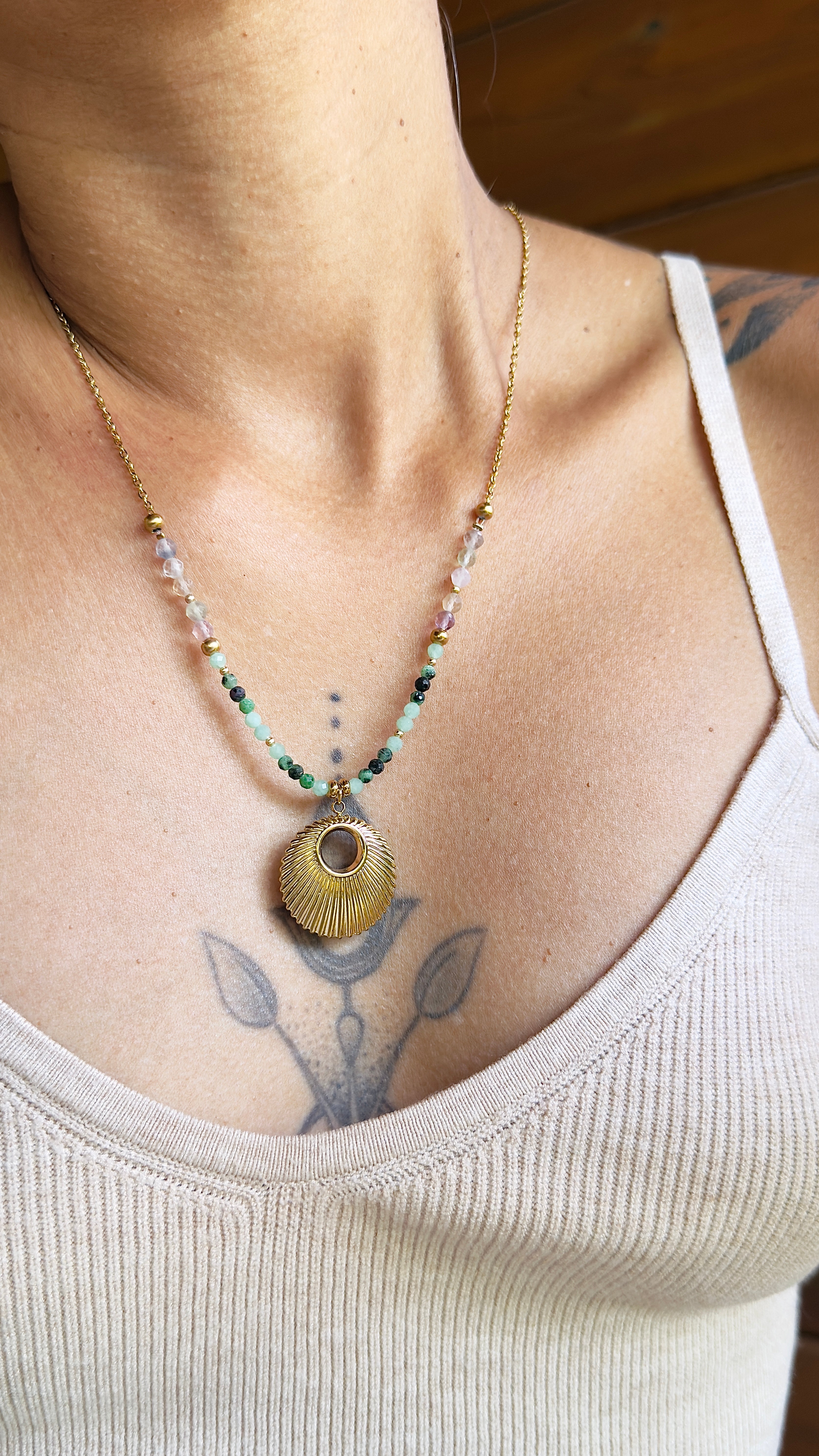 Collier Luma – Zoïsite, jade et fluorine