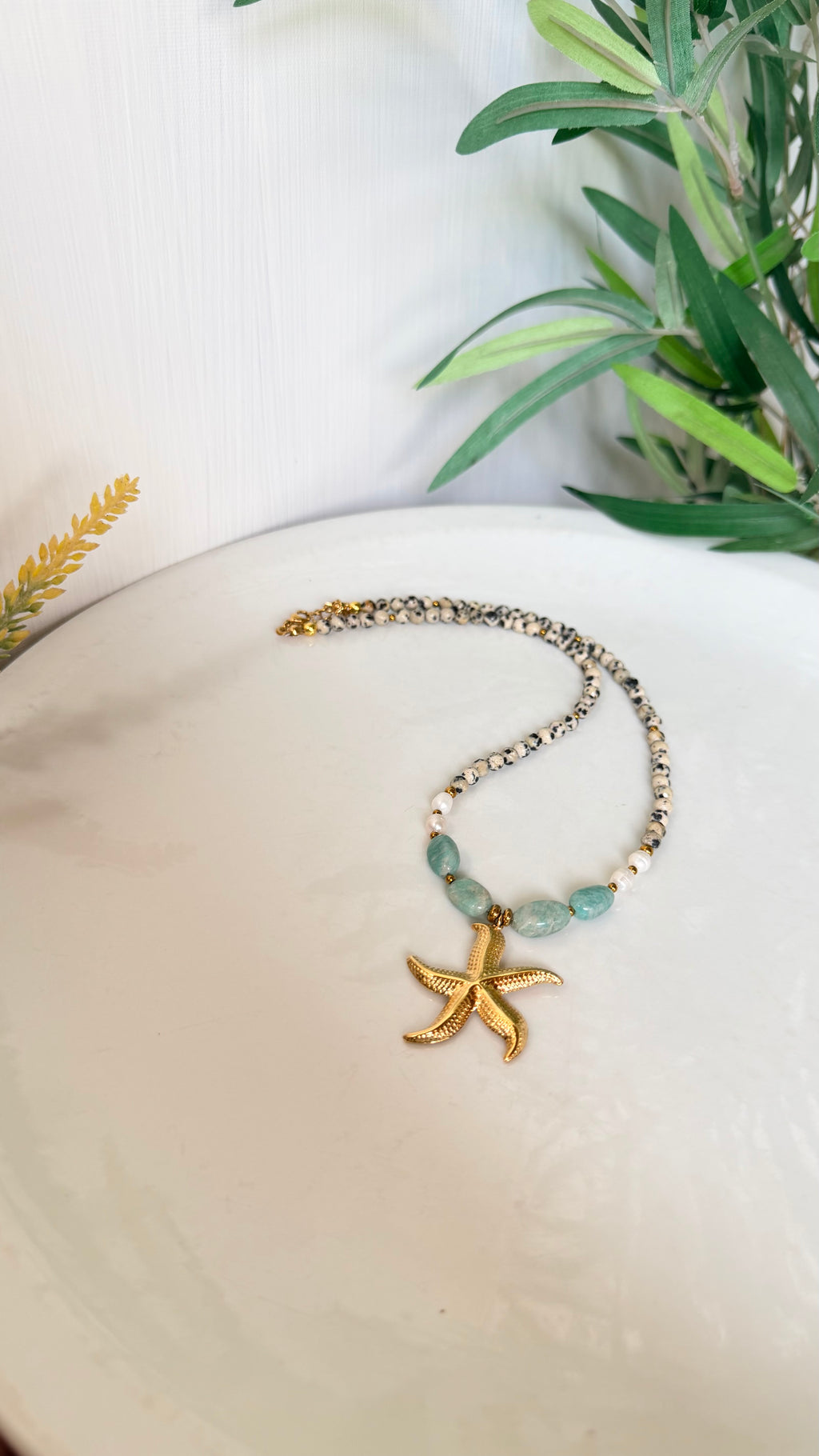 Collier Amazonite, Jaspe Dalmatien & Perles d’Eau Douce