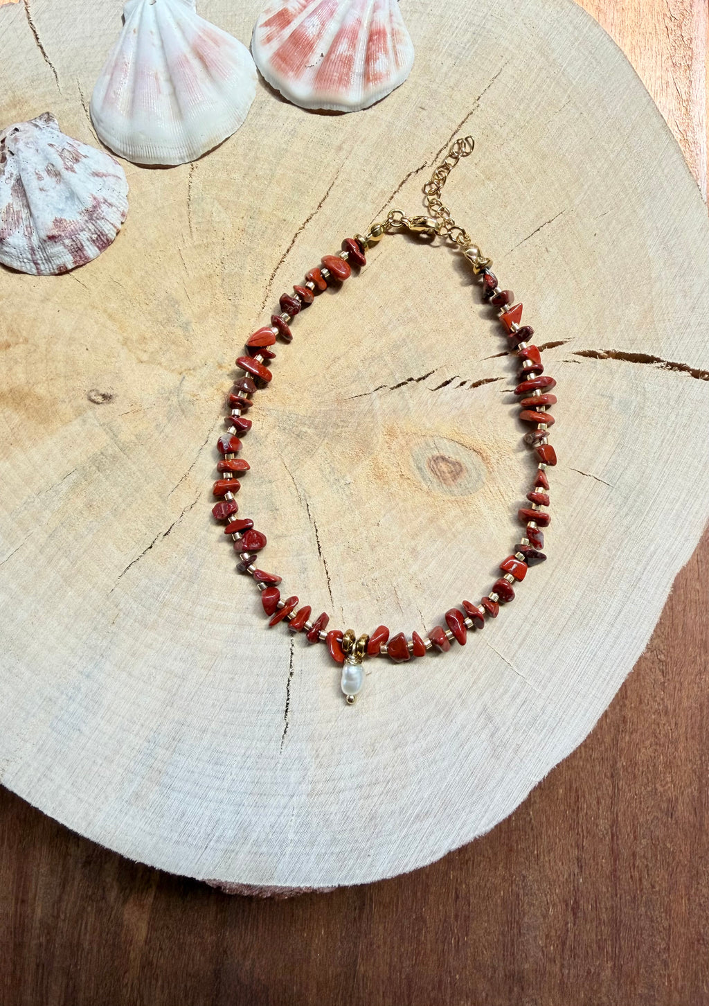 Chaîne de Cheville Jaspe Rouge & Perles d’Eau Douce