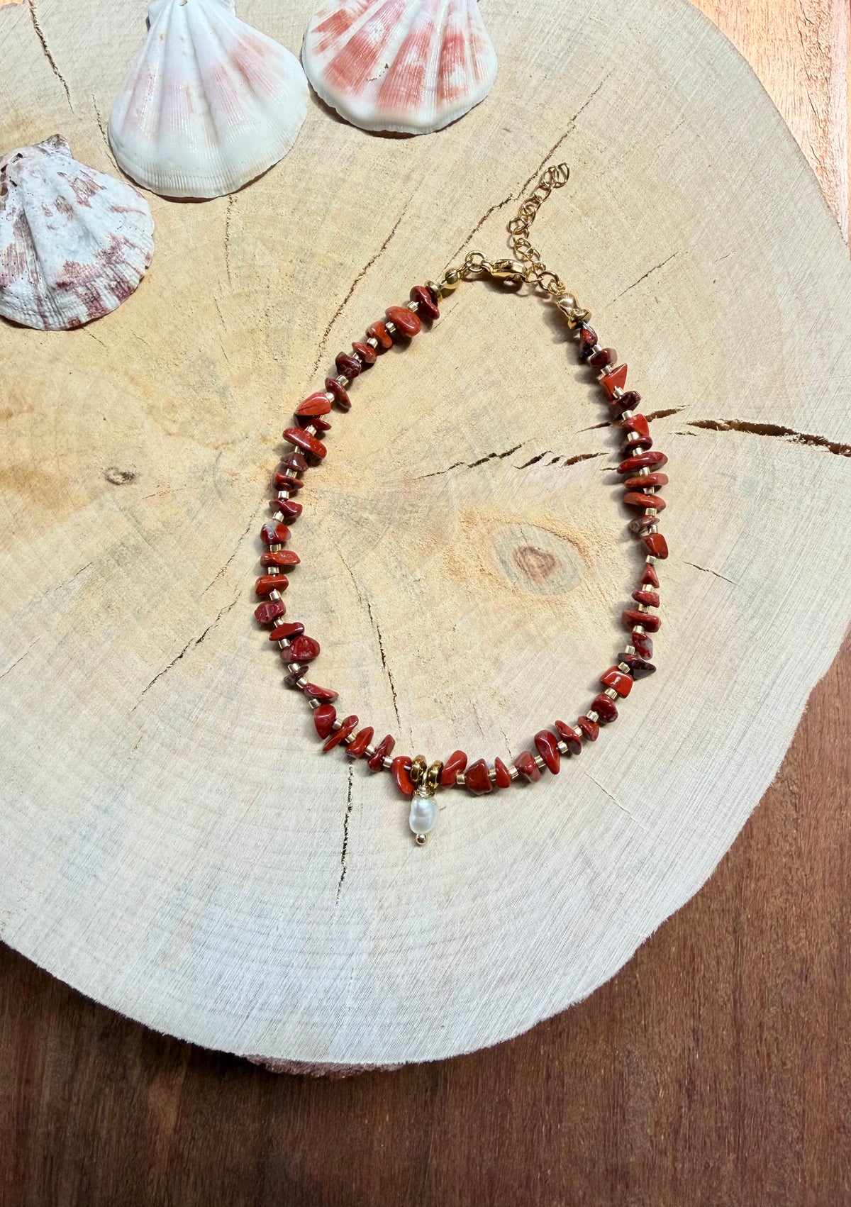 Chaîne de Cheville Jaspe Rouge & Perles d’Eau Douce