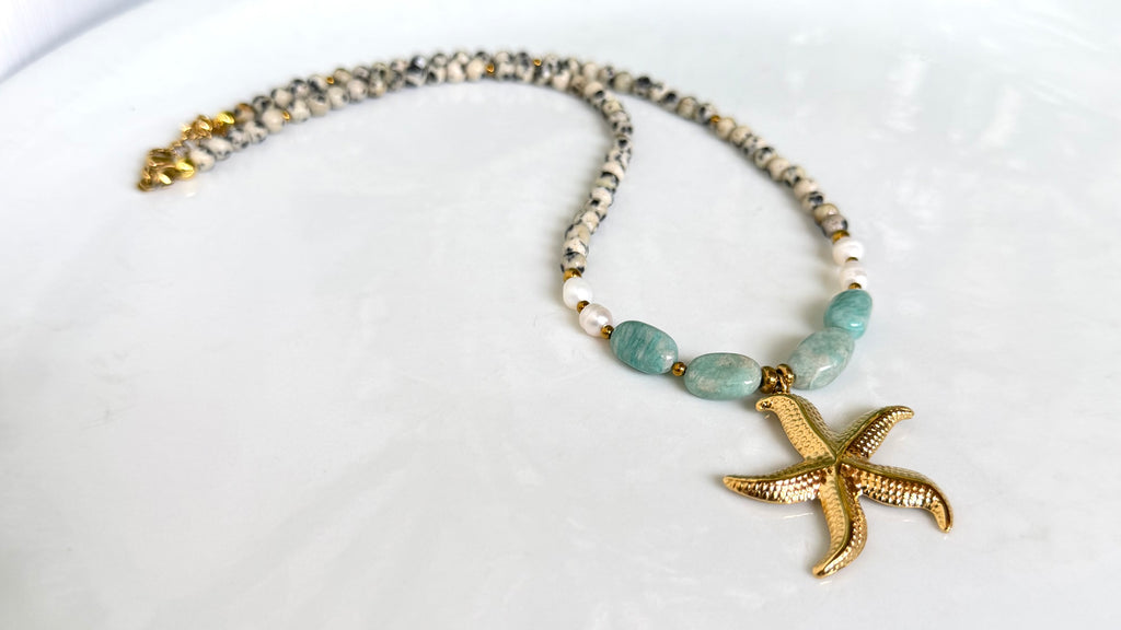 Collier Amazonite, Jaspe Dalmatien & Perles d’Eau Douce