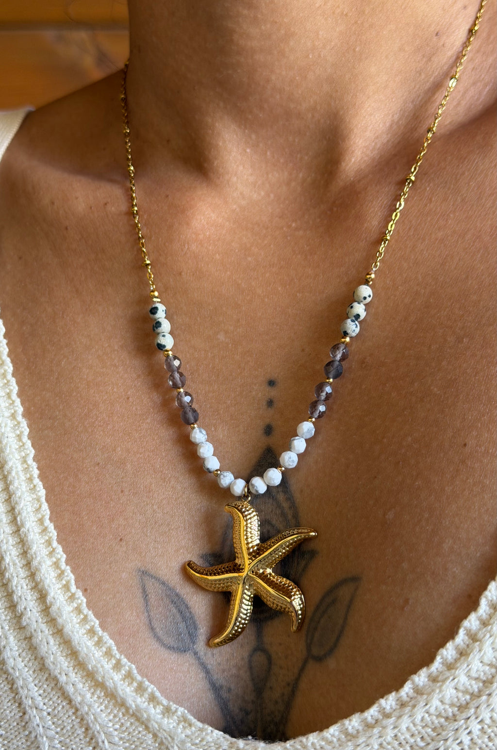 ✨ Collier Stella Marina – Jaspe Dalmatien, Howlite & Quartz Fumé