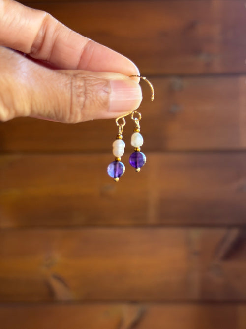 Boucles d’oreilles Améthyste, Hématite Dorée & Perle d’Eau Douce