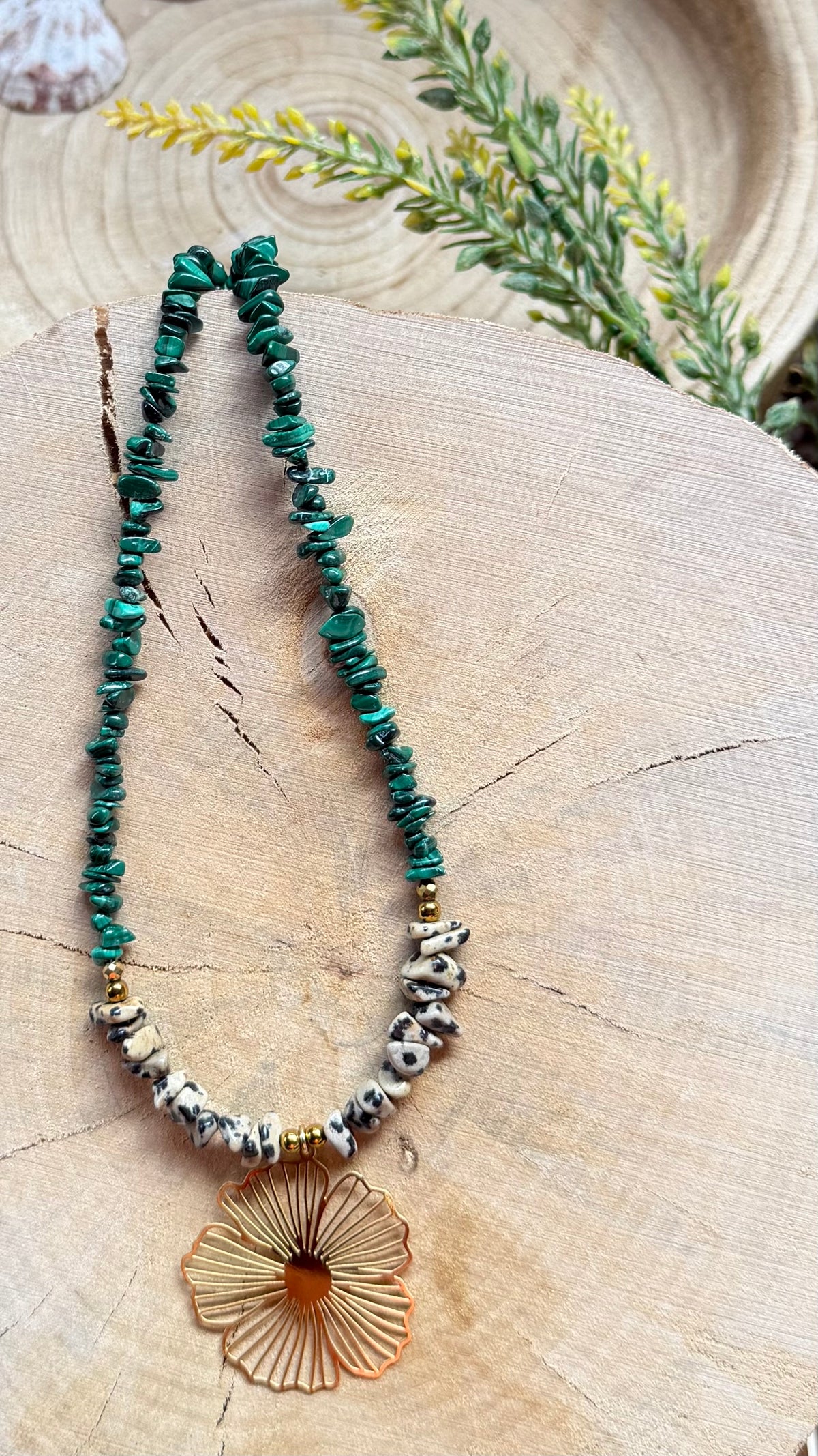 Collier Malachite & Jaspe Dalmatien – Fleur