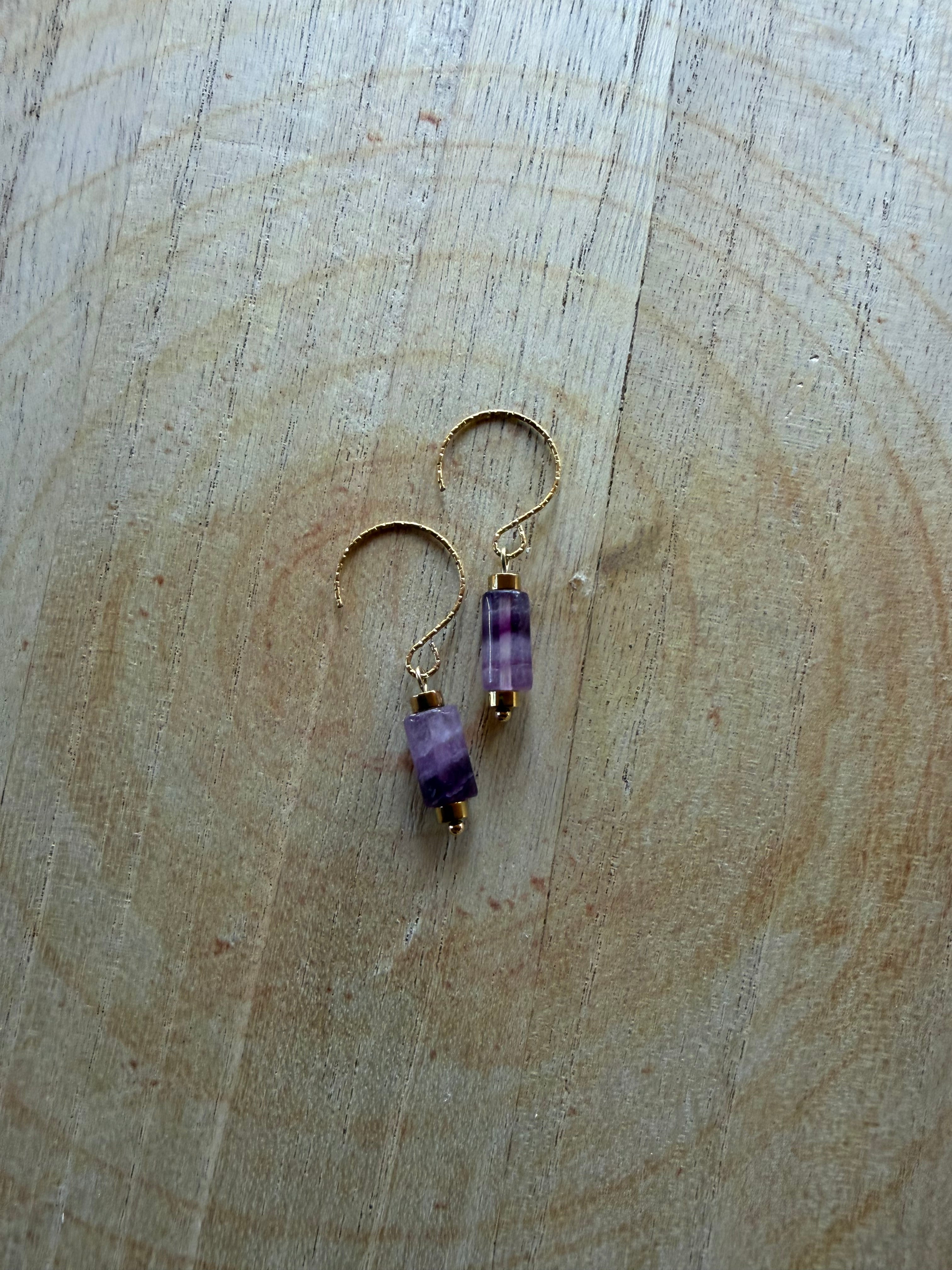 Boucles d’oreilles Fluorite Tube & Hématite Dorée
