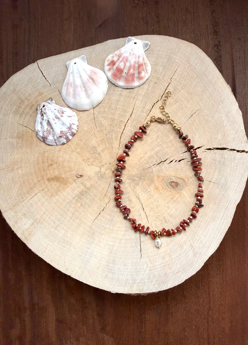Chaîne de Cheville Jaspe Rouge & Perles d’Eau Douce