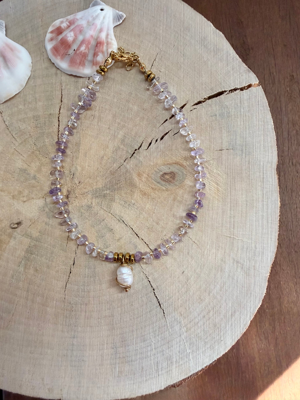 Chaîne de Cheville Améthyste & Perles d’Eau Douce