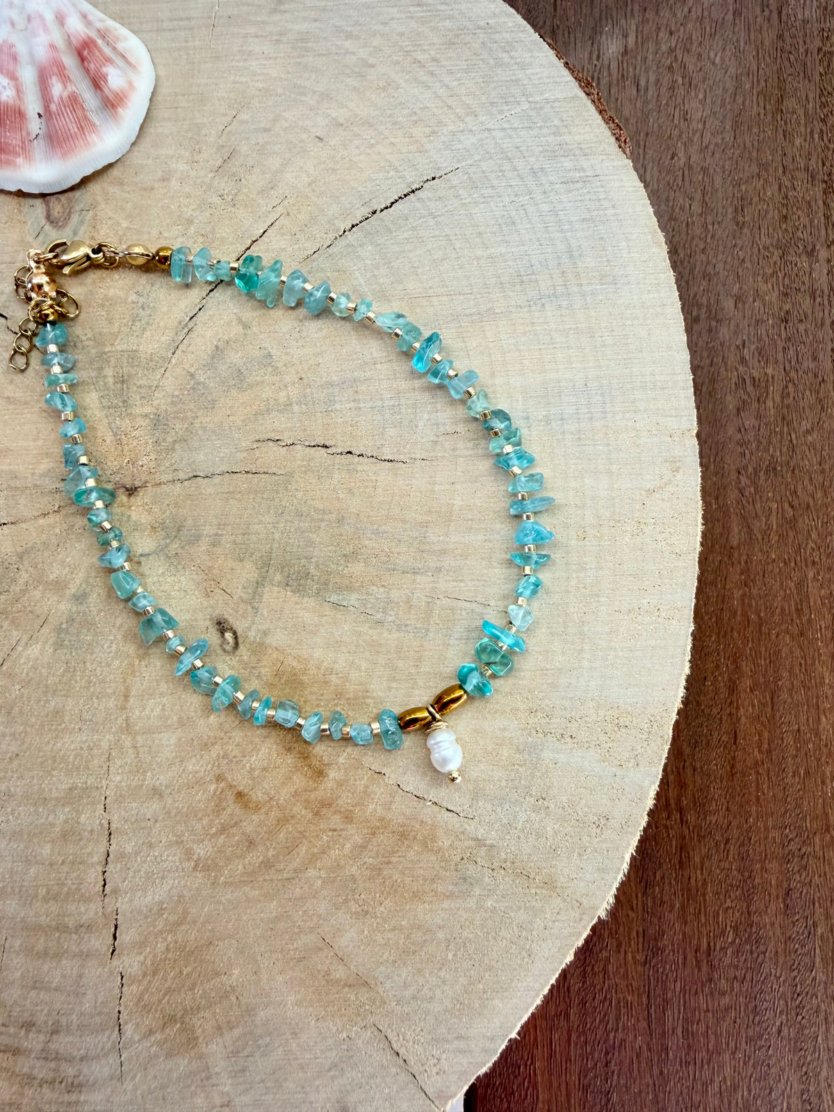 Chaîne de Cheville Apatite Bleue & Perle d’Eau Douce