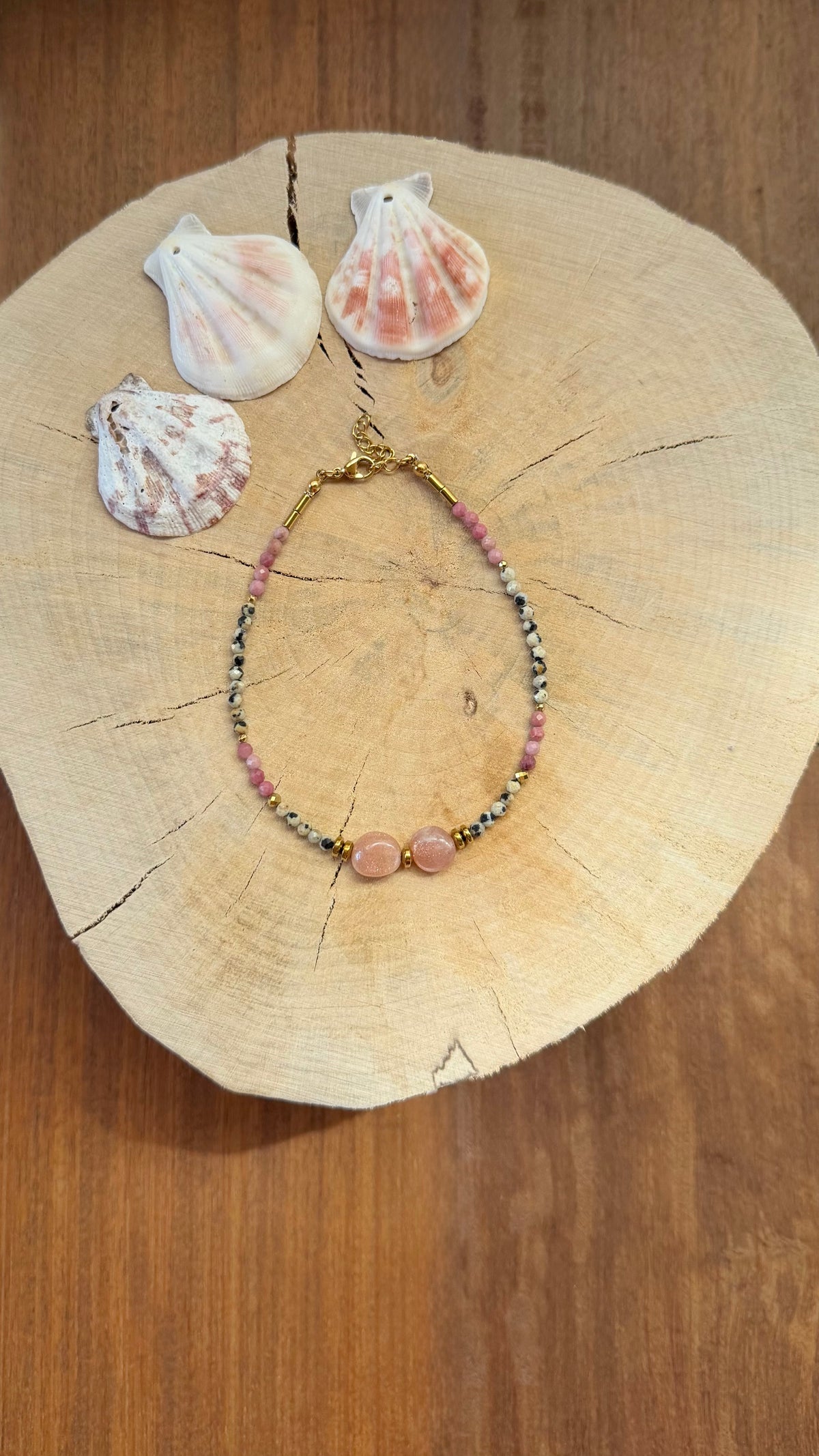 Chaîne de Cheville Pierre de Lune Orange, Rhodonite & Jaspe Dalmatien