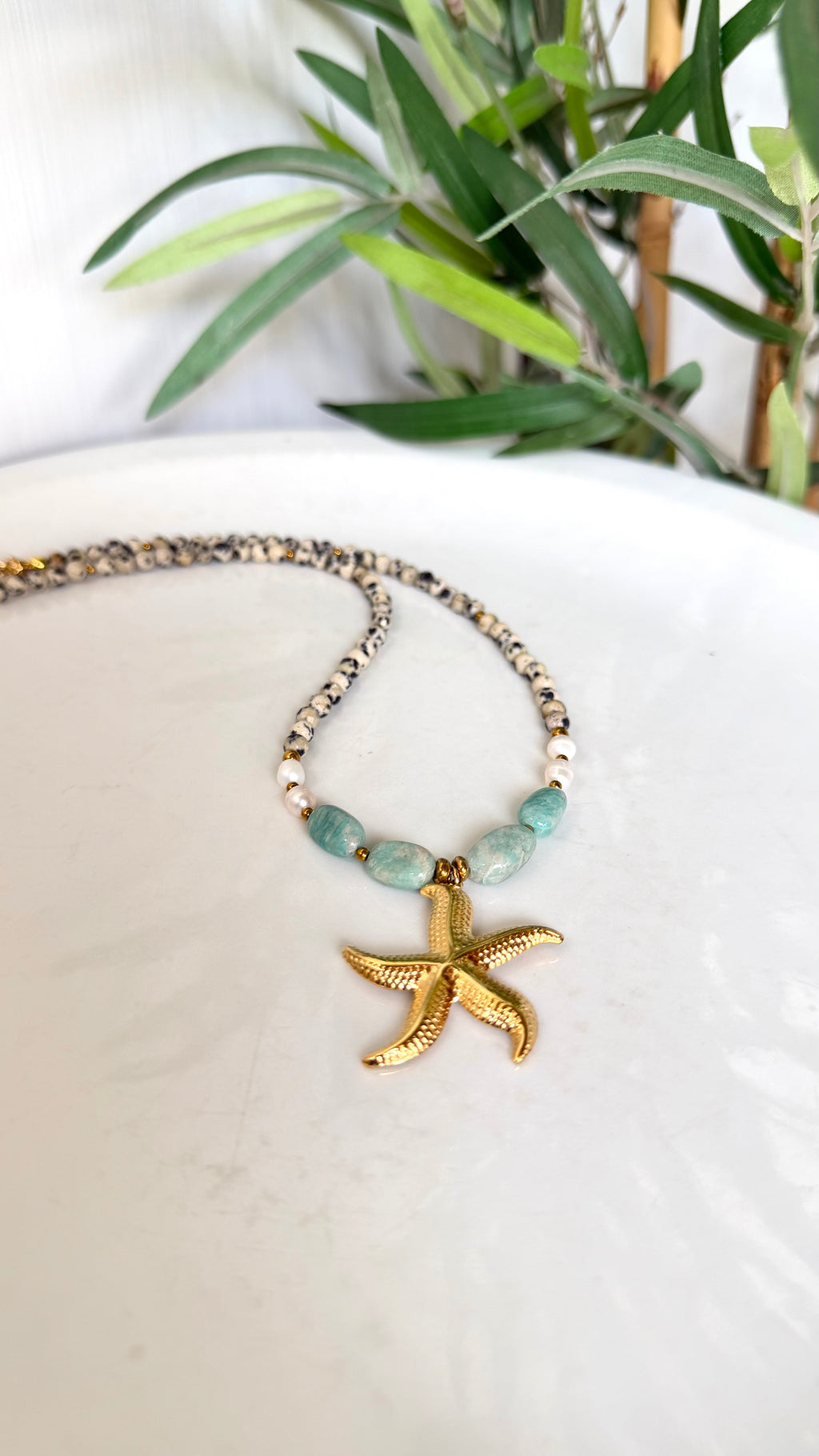 Collier Amazonite, Jaspe Dalmatien & Perles d’Eau Douce