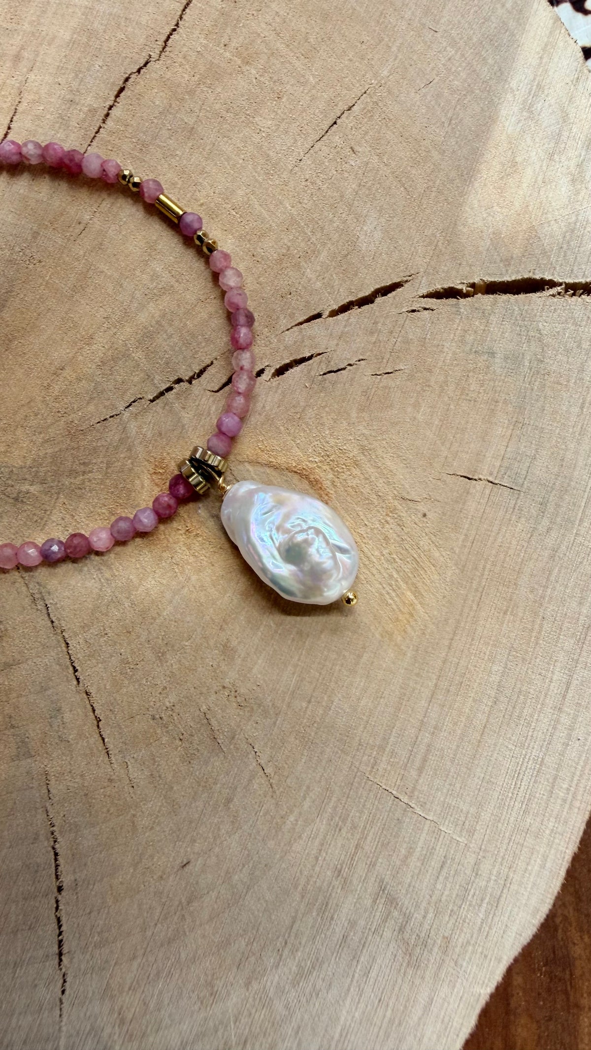 Collier Tourmaline rose & Perle d’eau douce baroque