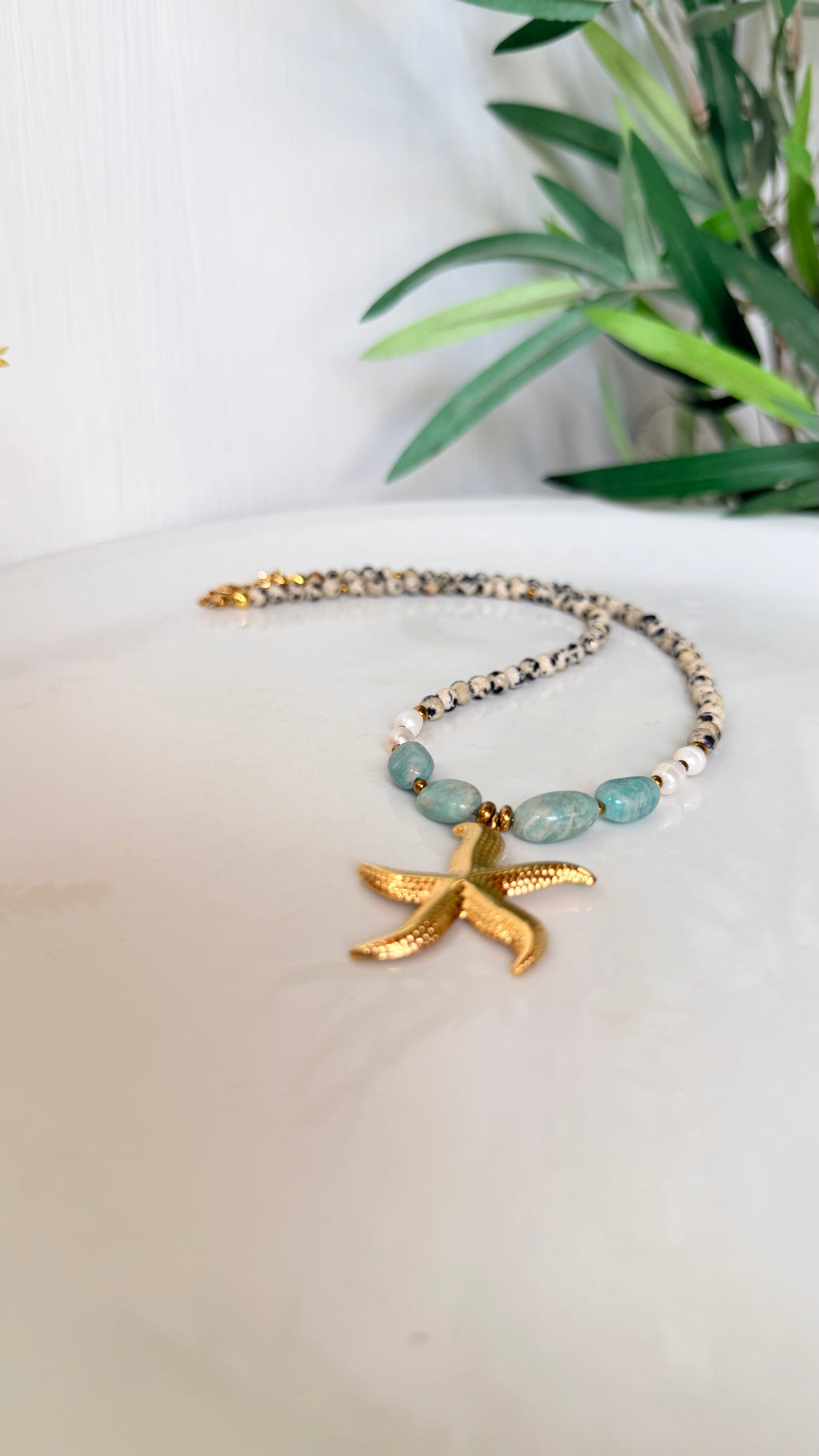 Collier Amazonite, Jaspe Dalmatien & Perles d’Eau Douce