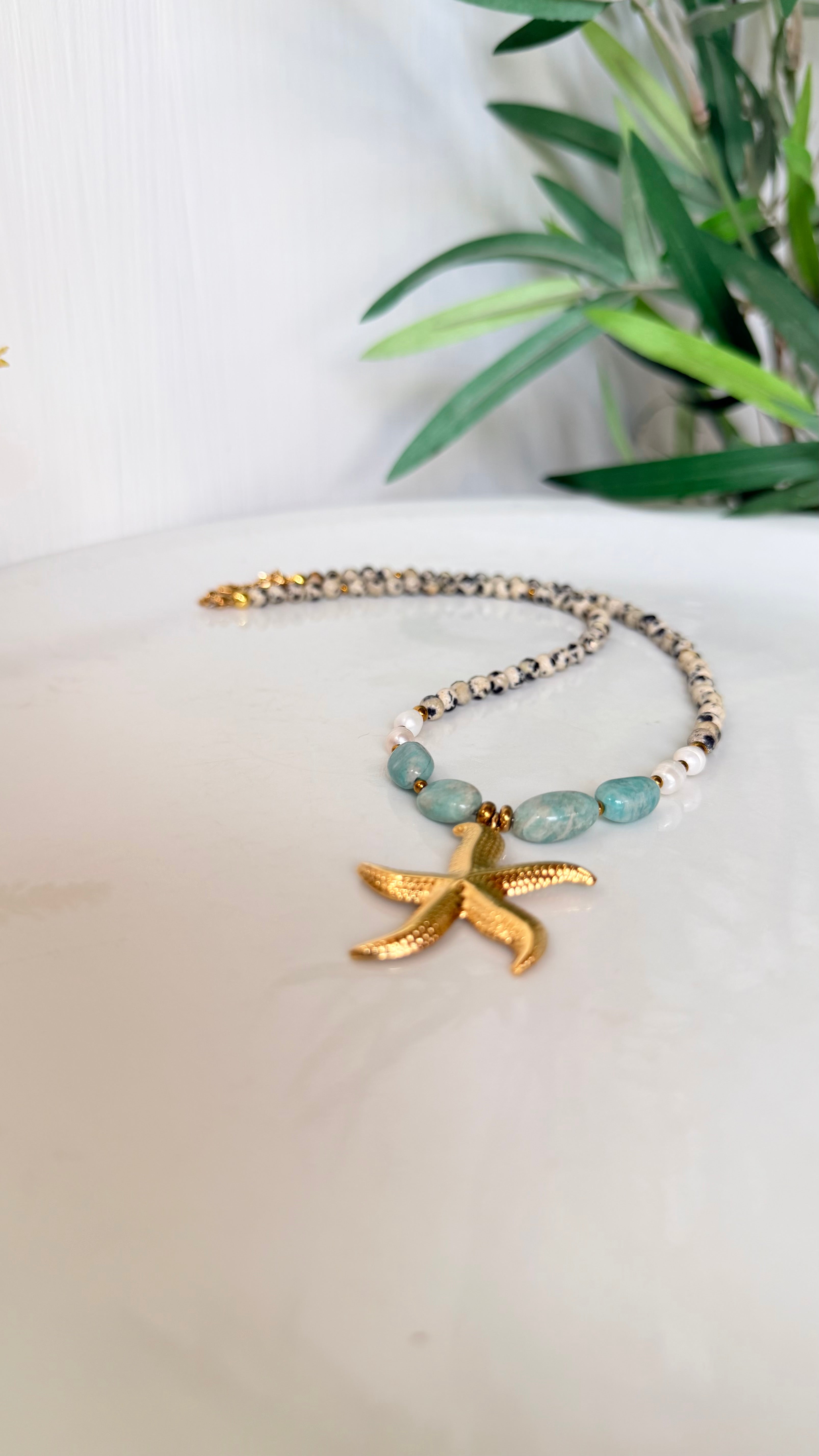 Collier Amazonite, Jaspe Dalmatien & Perles d’Eau Douce