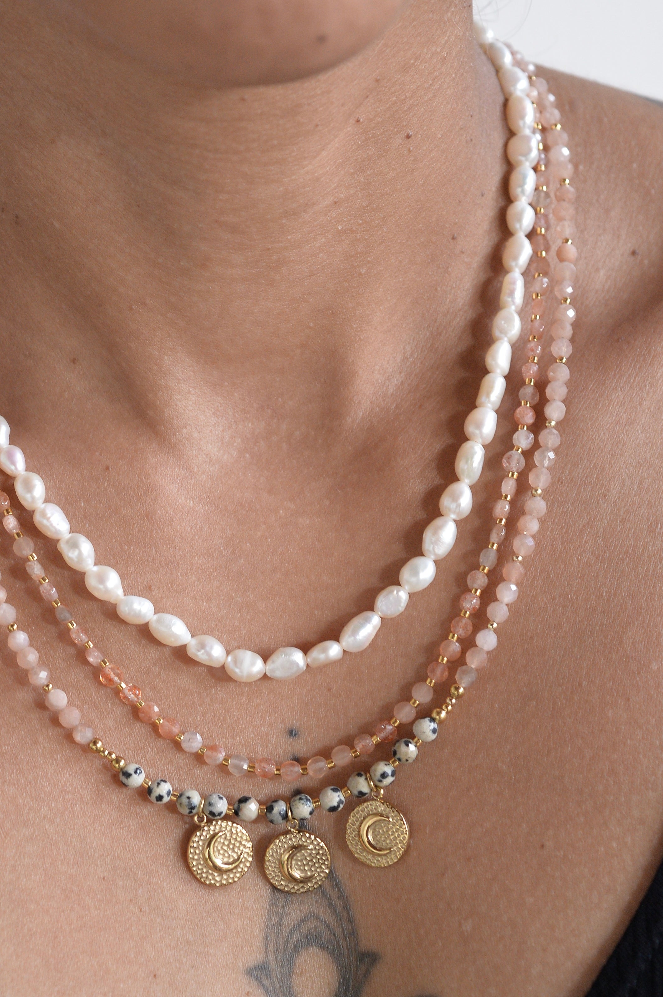Collier Luna - Pierre de lune orange et jaspe dalmatien