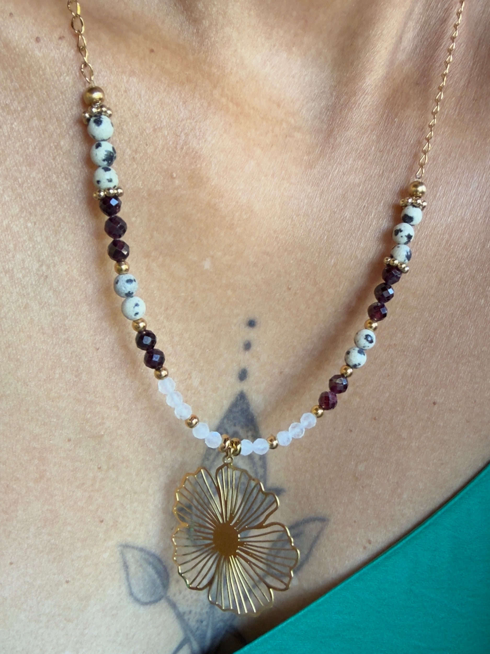 Collier Azélie - Grenat - Jaspe Dalmatien - Quartz Rose