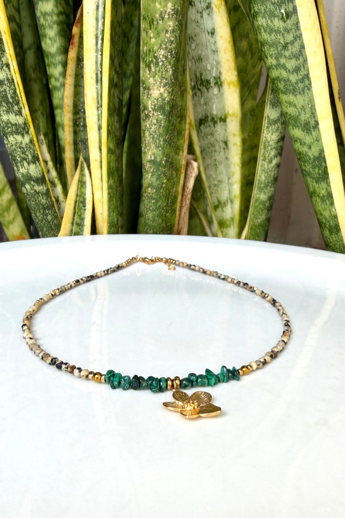Collier Malachite & Jaspe Dalmatien – Mini Fleur