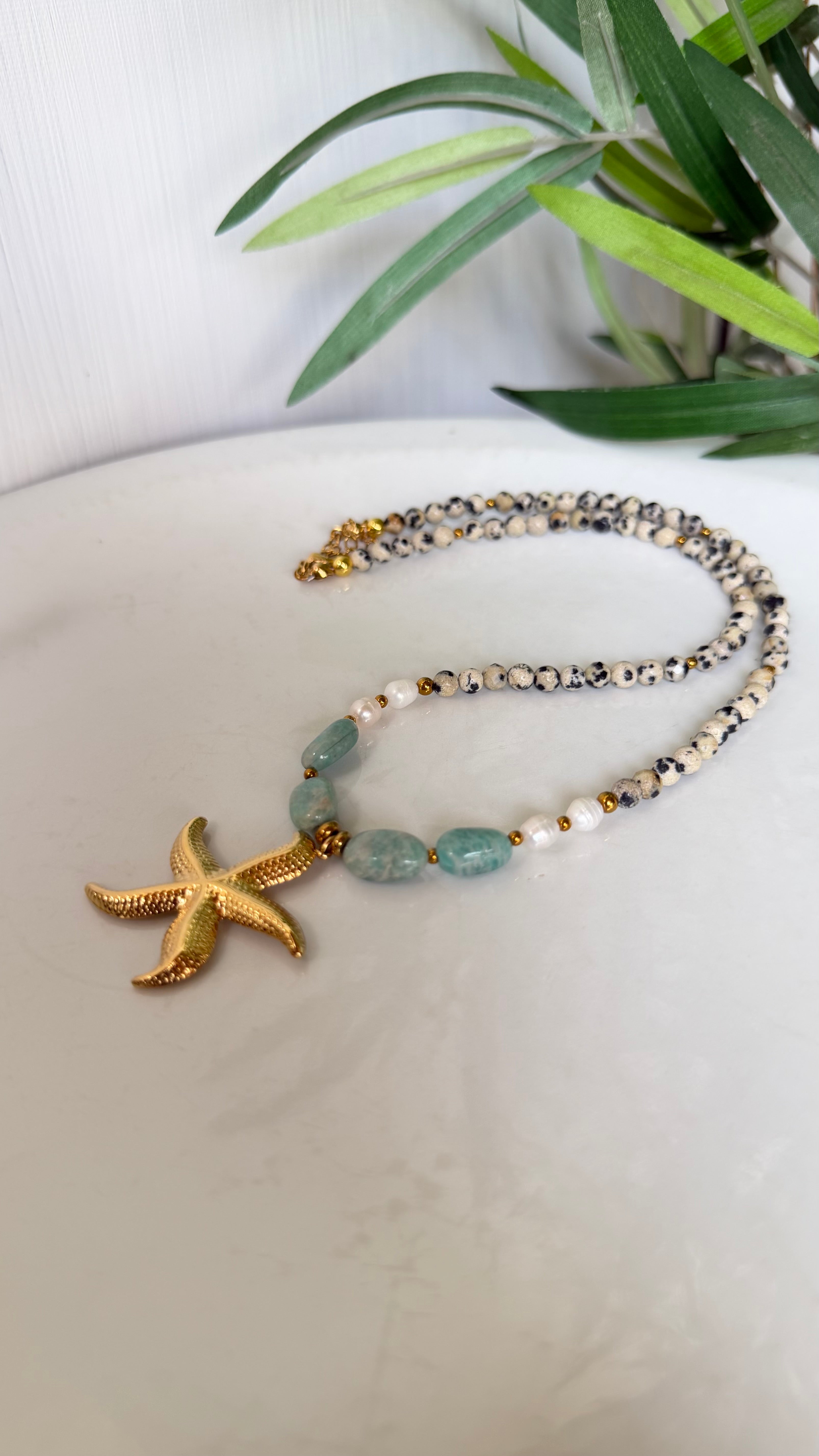Collier Amazonite, Jaspe Dalmatien & Perles d’Eau Douce