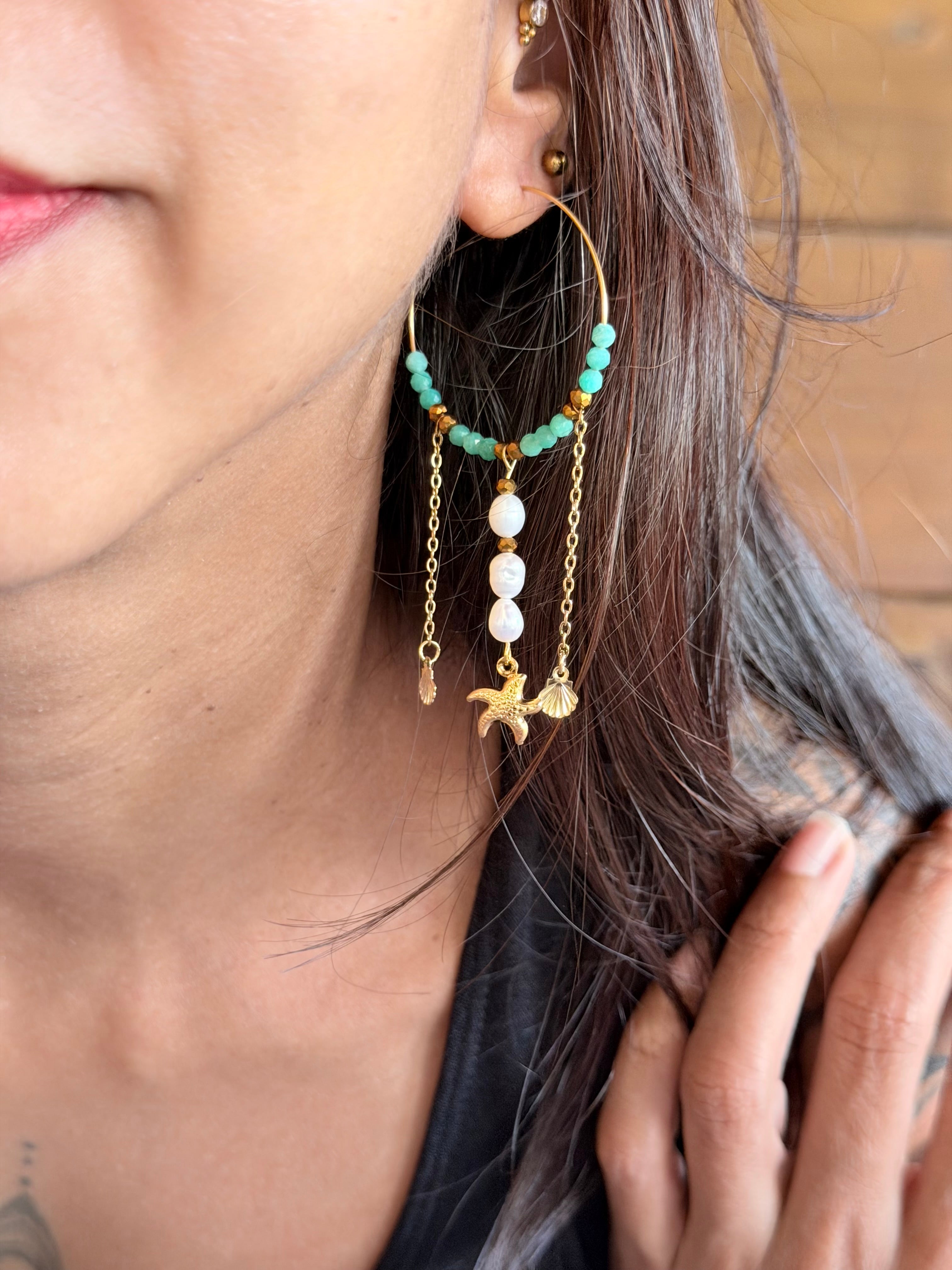 Boucles d’oreilles Caly-Amazonite naturelle, perle d’eau douce et acier inoxydable