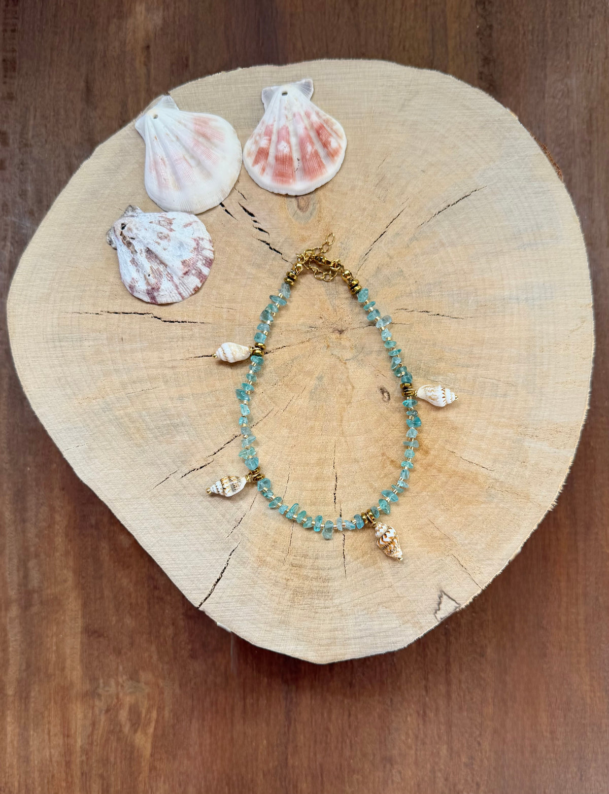 Chaîne de Cheville Apatite Bleue & Coquillages
