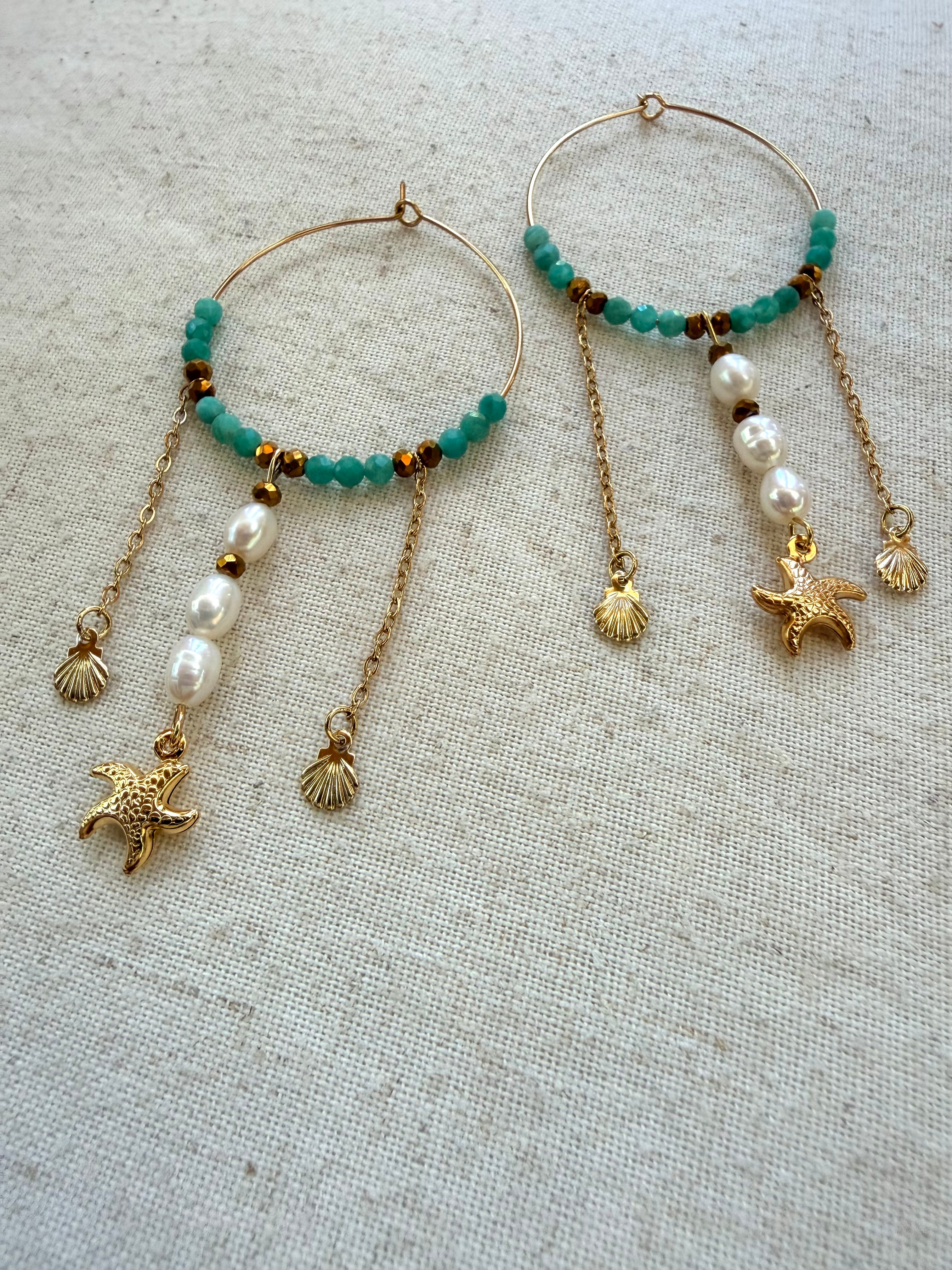 Boucles d’oreilles Caly-Amazonite naturelle, perle d’eau douce et acier inoxydable
