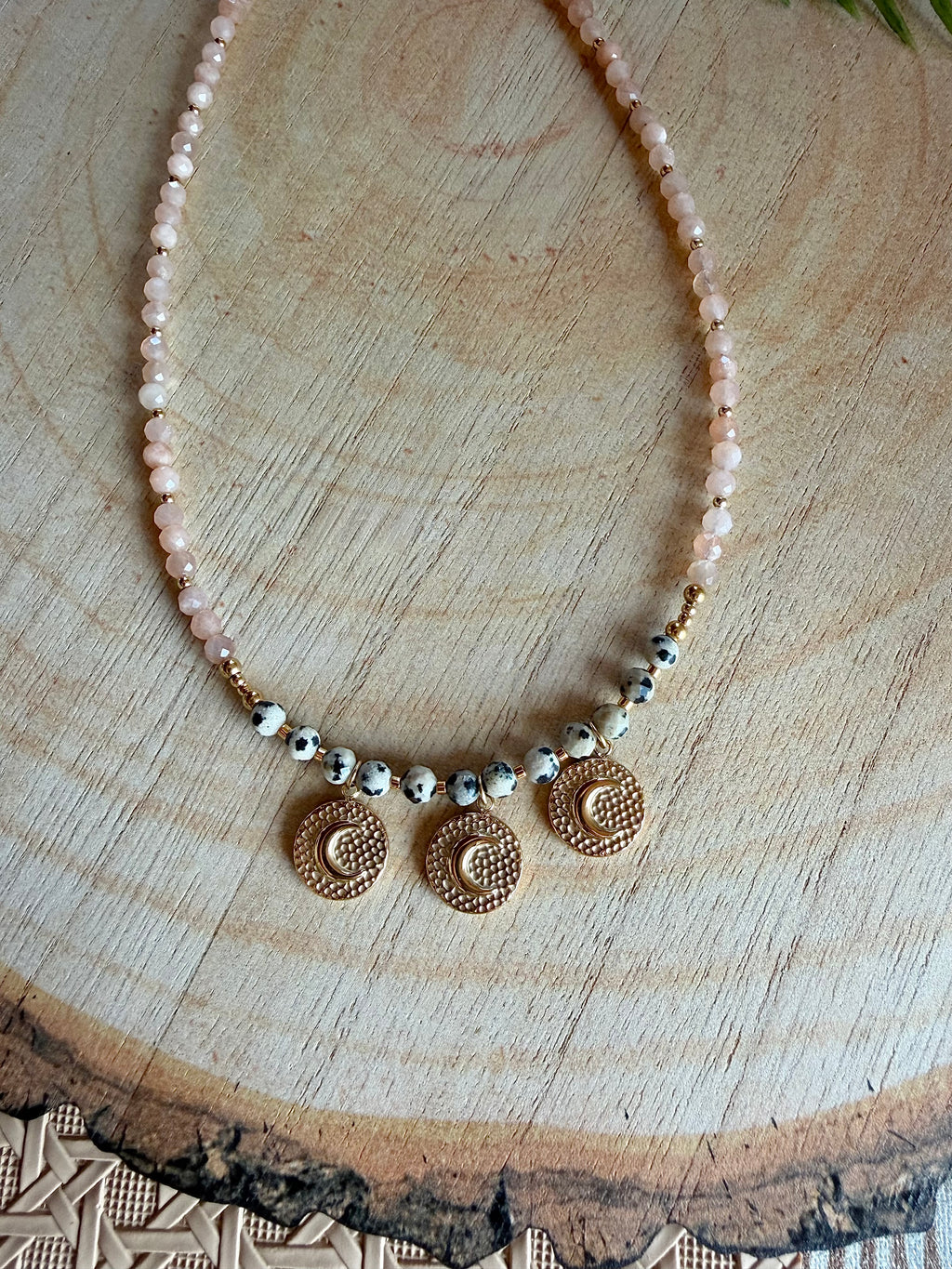 Collier Luna - Pierre de lune orange et jaspe dalmatien
