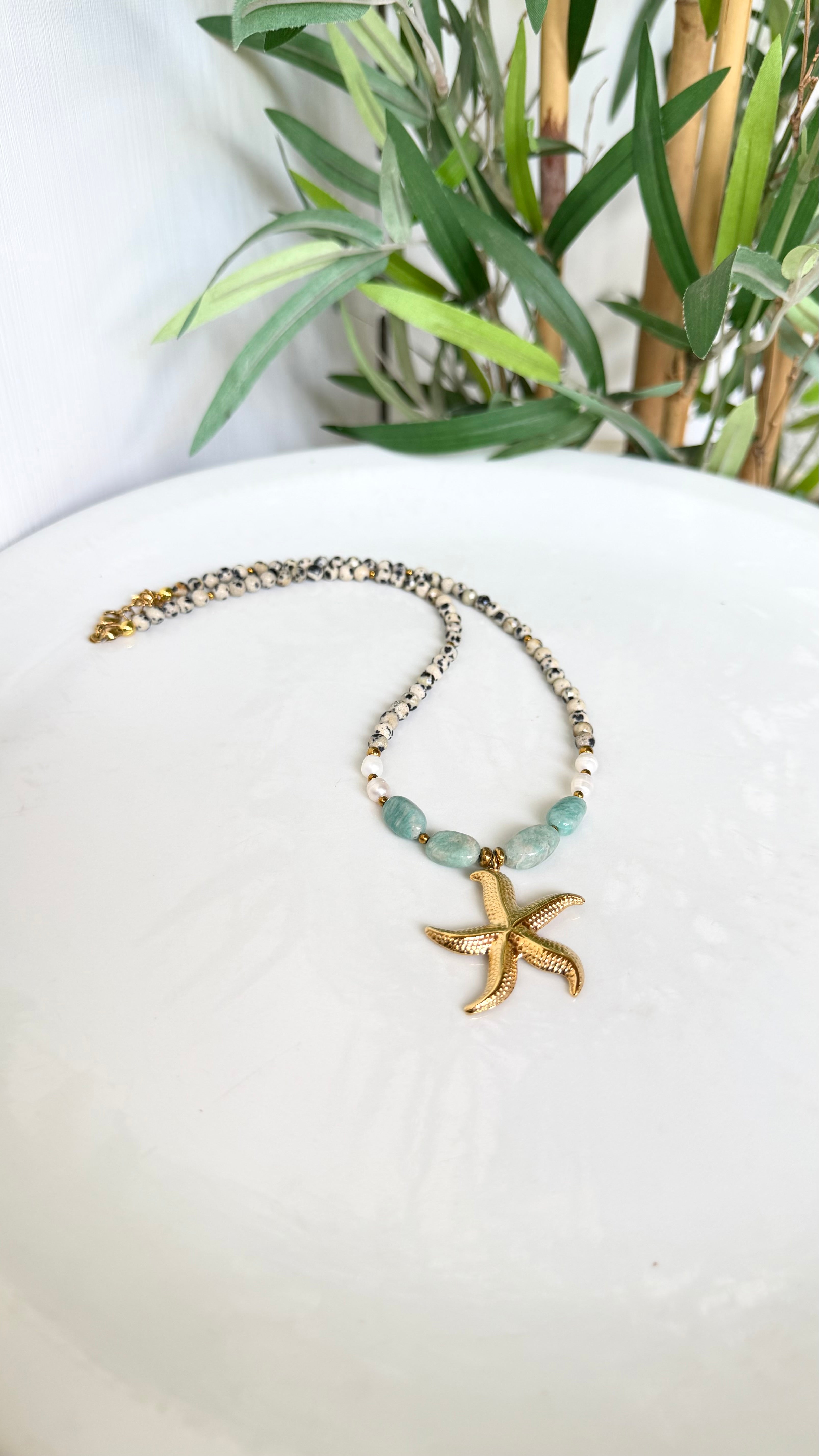 Collier Amazonite, Jaspe Dalmatien & Perles d’Eau Douce