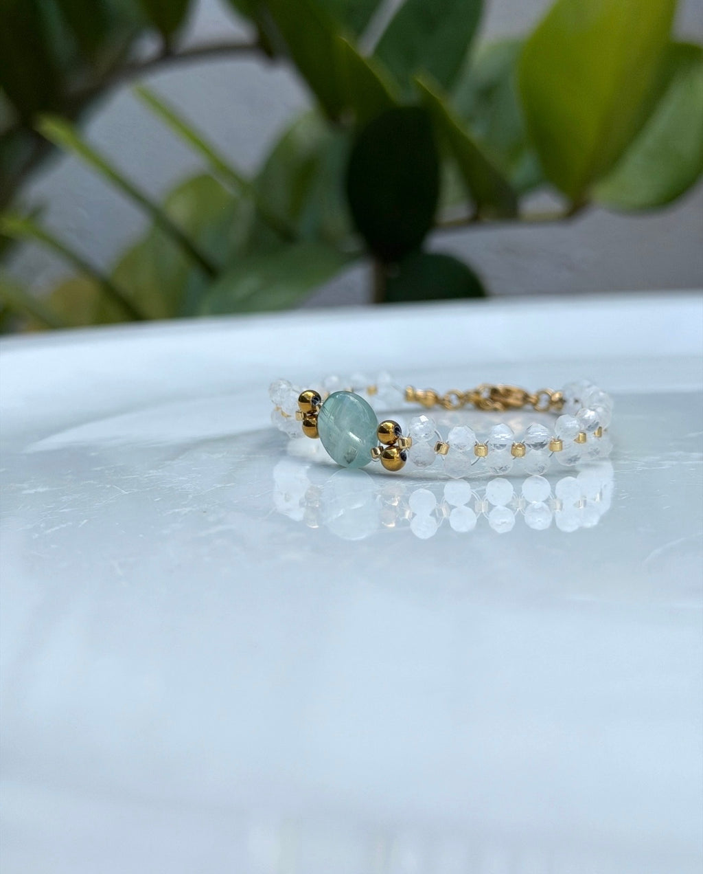 Bracelet Pierre de lune, Fluorite & Hématite Dorée