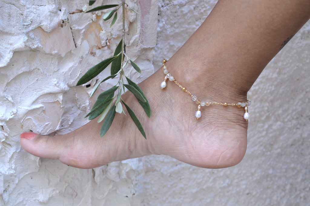 Chaîne de cheville Céline - Citrine et perles d’eau douce