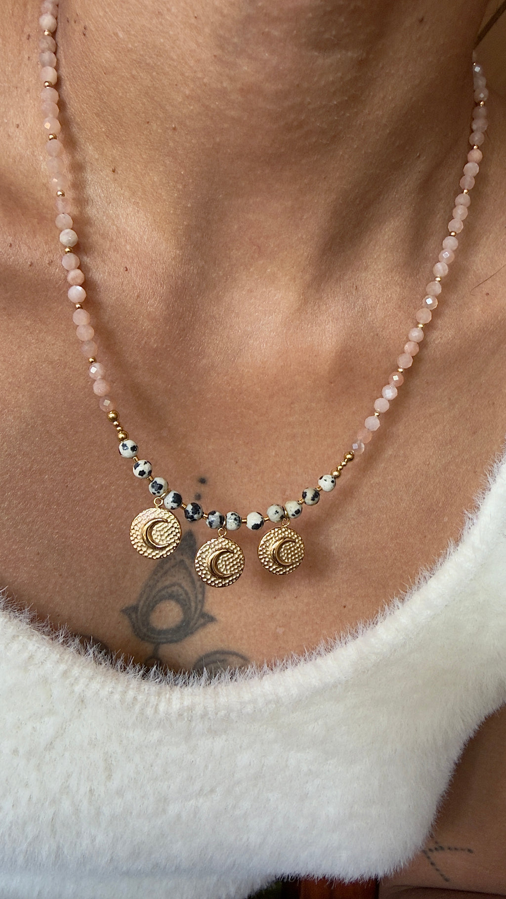 Collier Luna - Pierre de lune orange et jaspe dalmatien