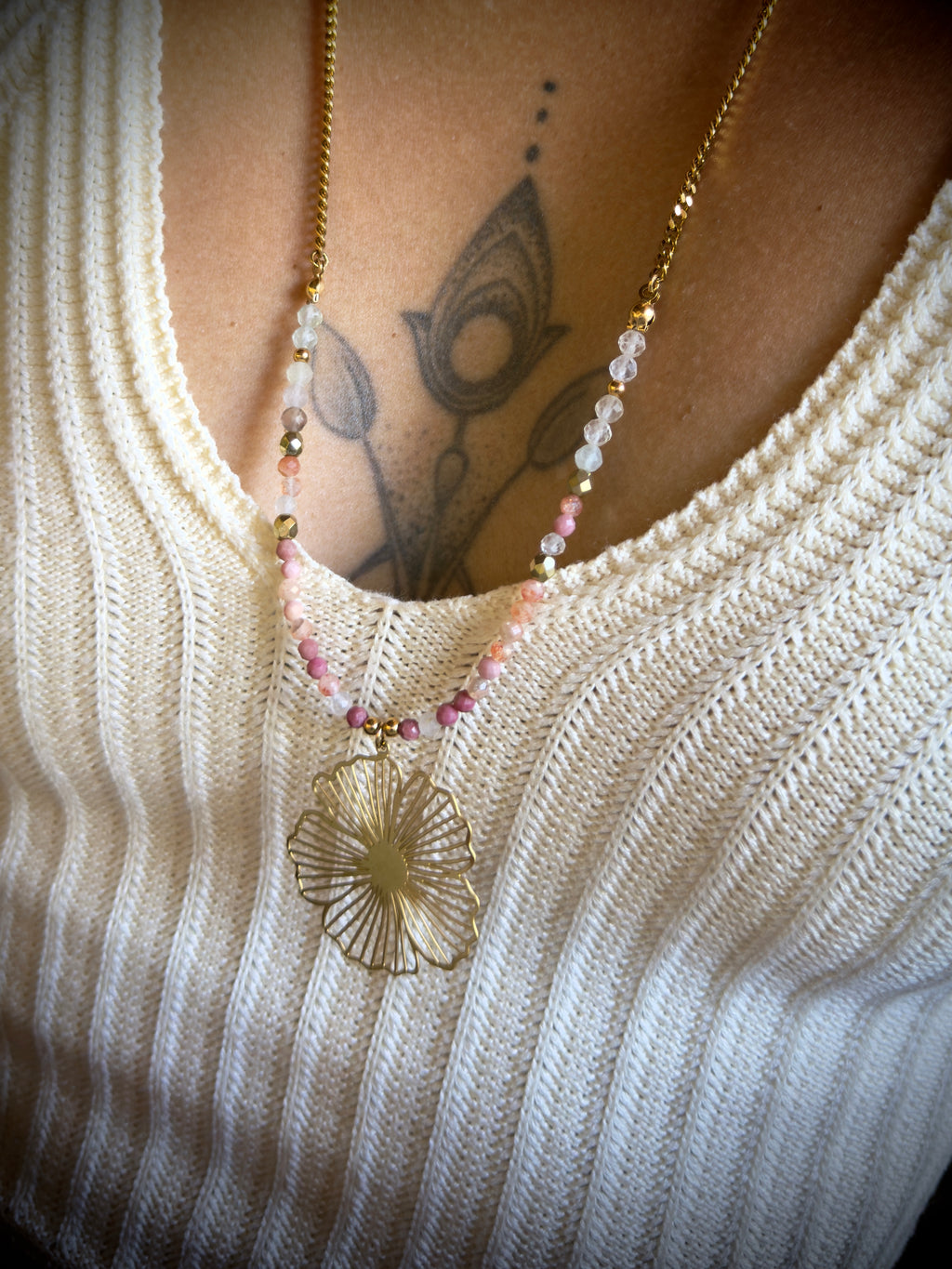 Sautoir Floria - Rhodonite-Pierre du Soleil- Fluorite