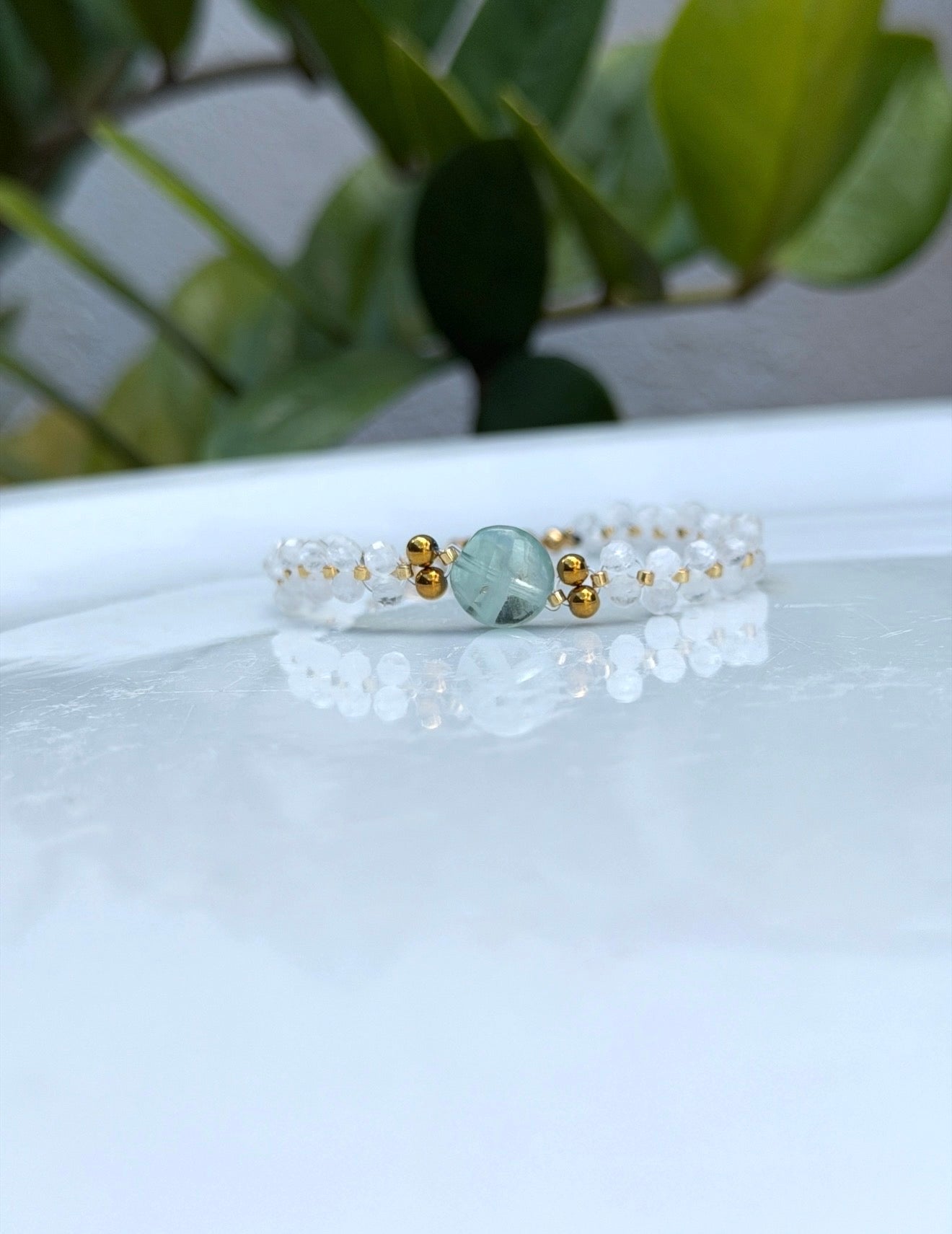 Bracelet Pierre de lune, Fluorite & Hématite Dorée