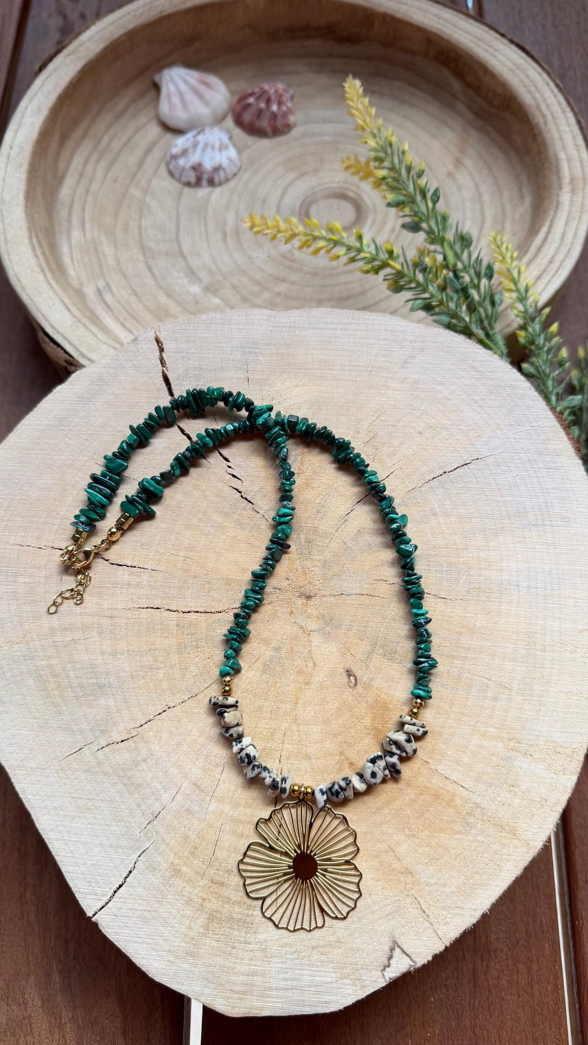 Collier Malachite & Jaspe Dalmatien – Fleur