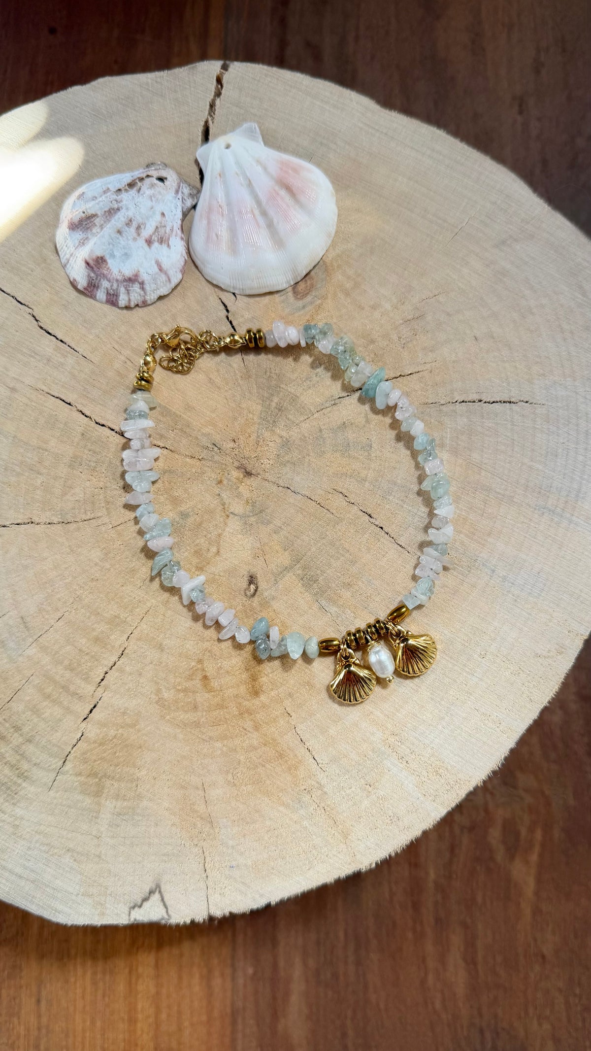 Chaîne de Cheville Morganite, Coquillages & Perle d’Eau Douce