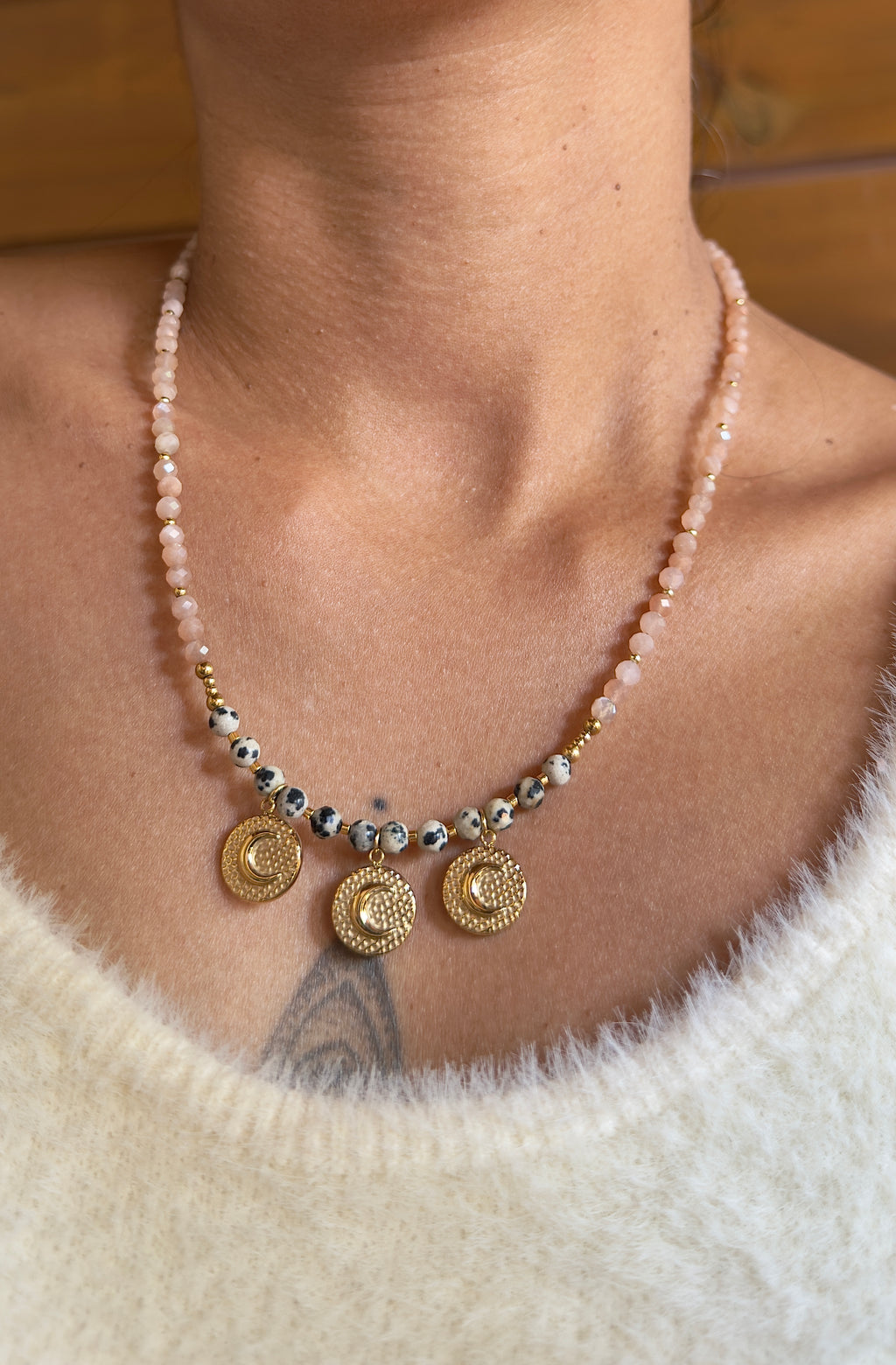 Collier Luna - Pierre de lune orange et jaspe dalmatien