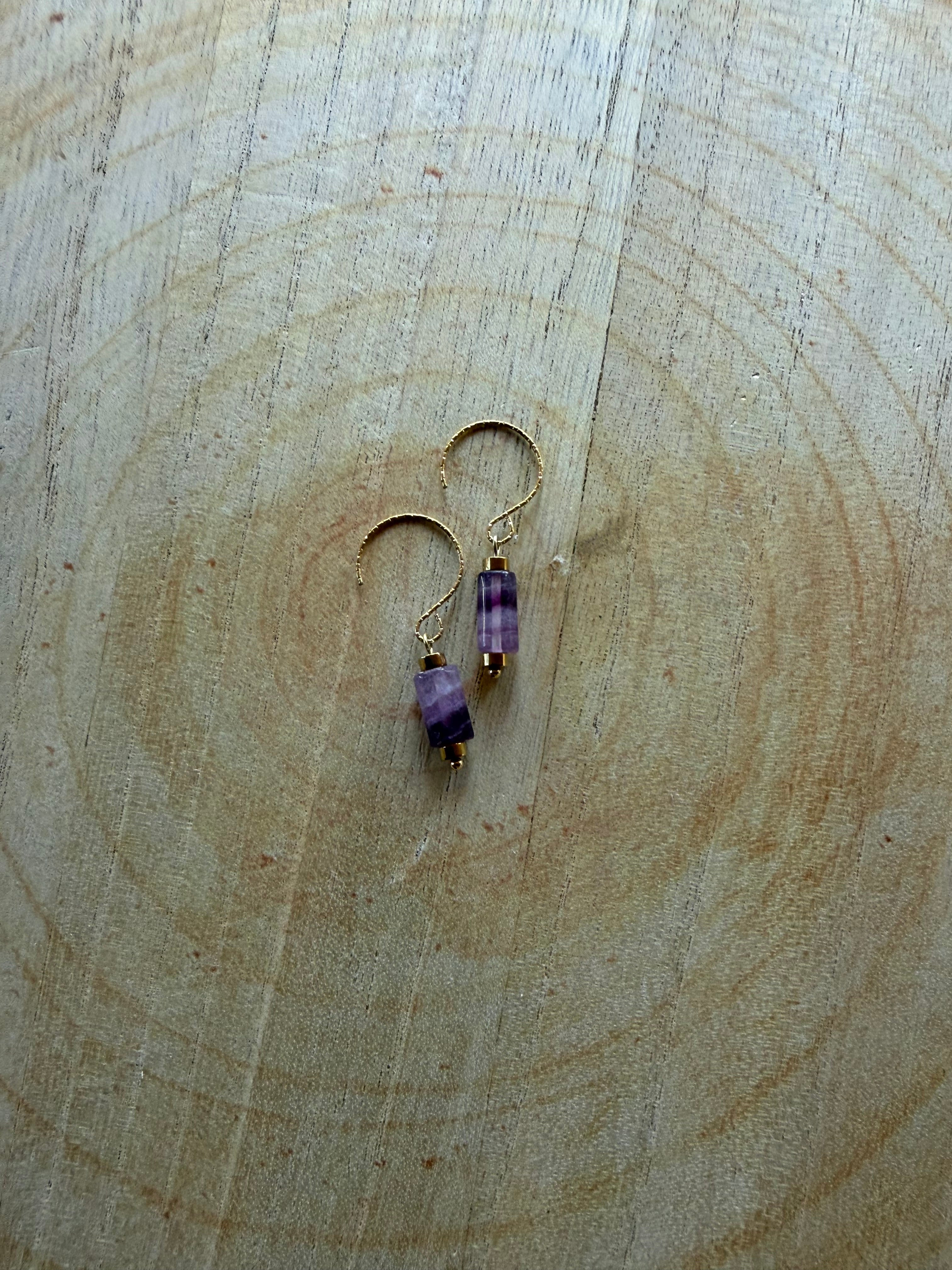 Boucles d’oreilles Fluorite Tube & Hématite Dorée