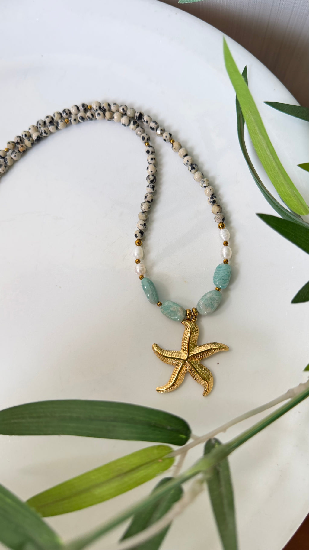 Collier Amazonite, Jaspe Dalmatien & Perles d’Eau Douce