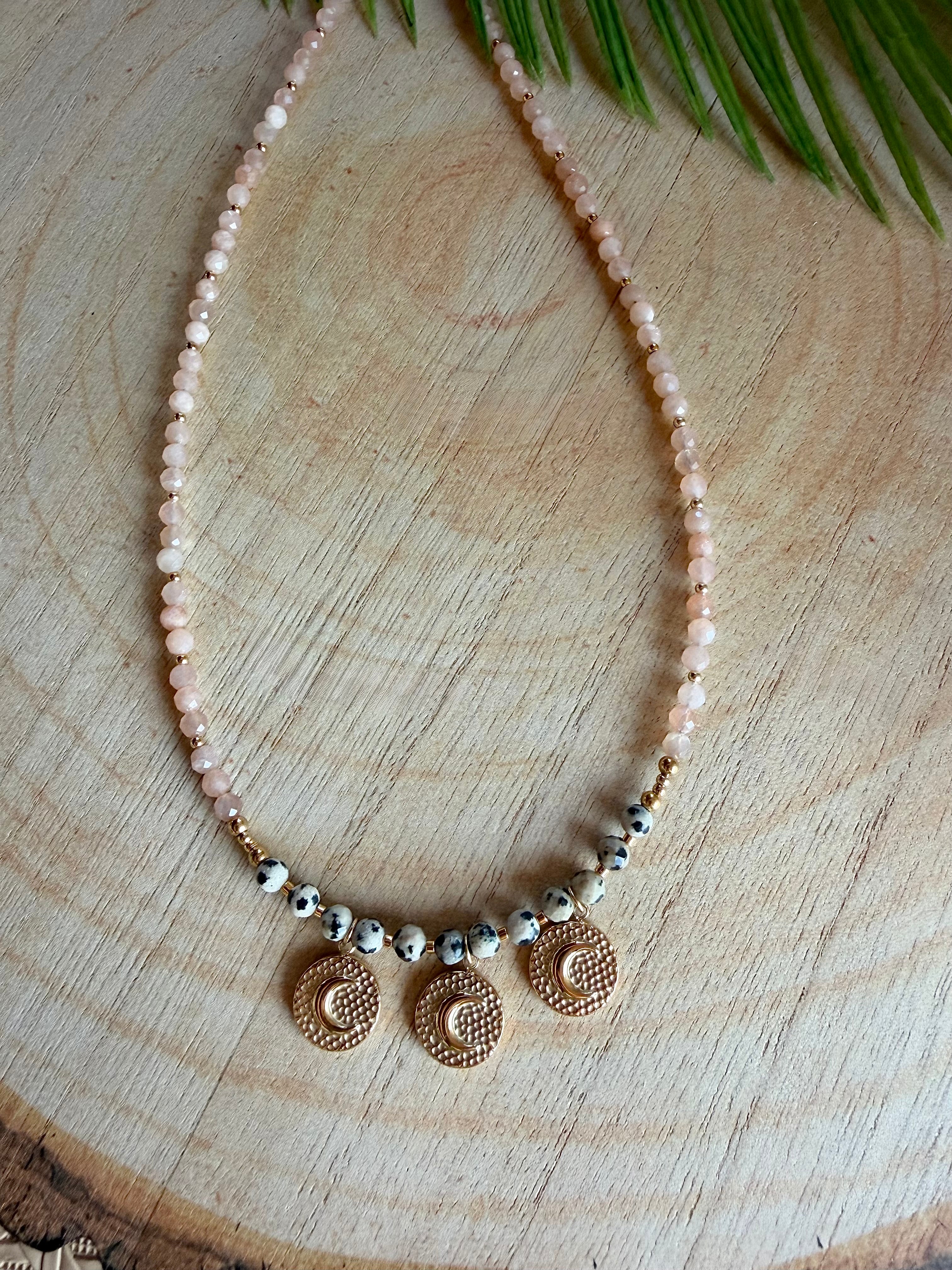 Collier Luna - Pierre de lune orange et jaspe dalmatien
