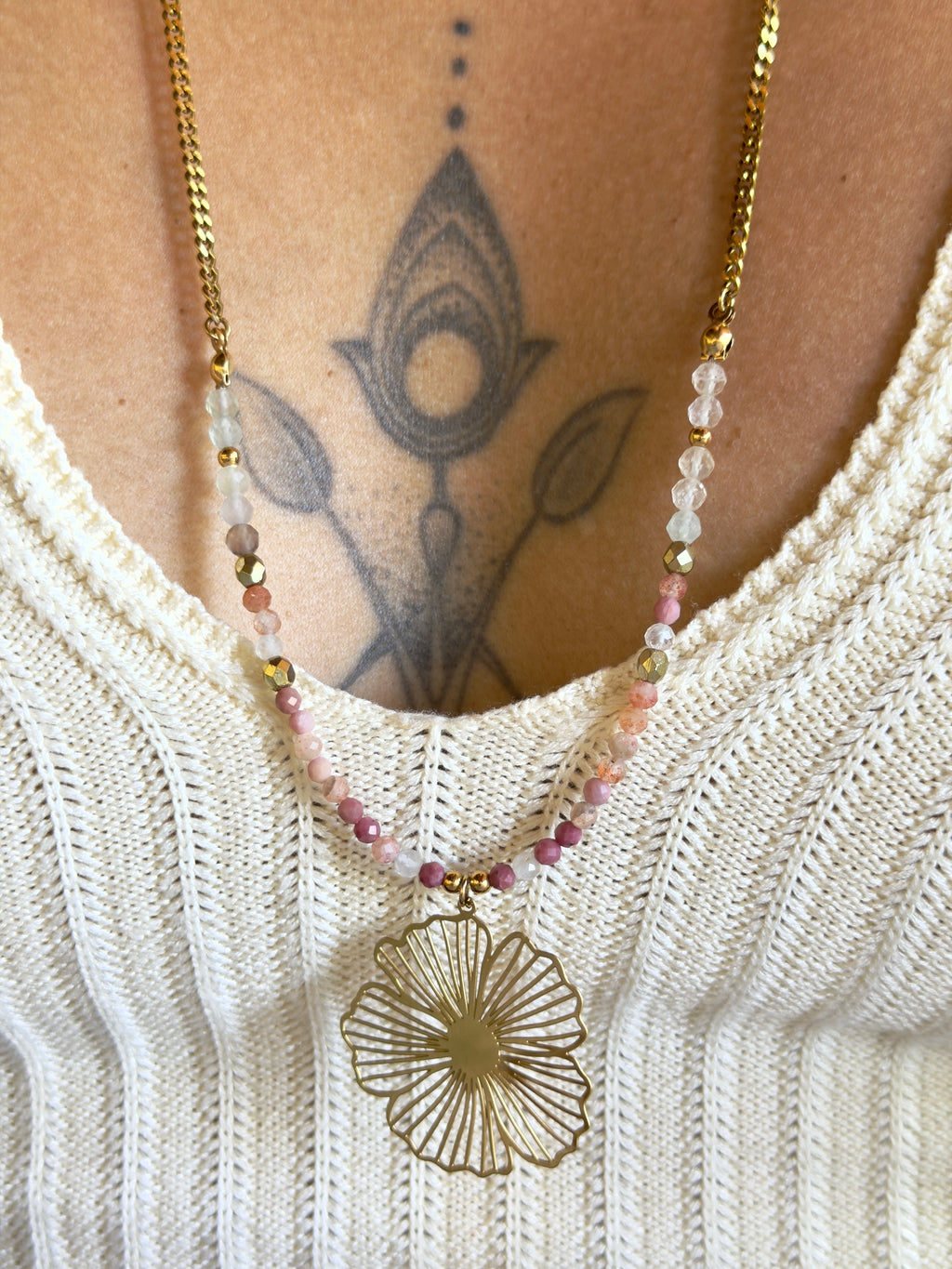 Sautoir Floria - Rhodonite-Pierre du Soleil- Fluorite