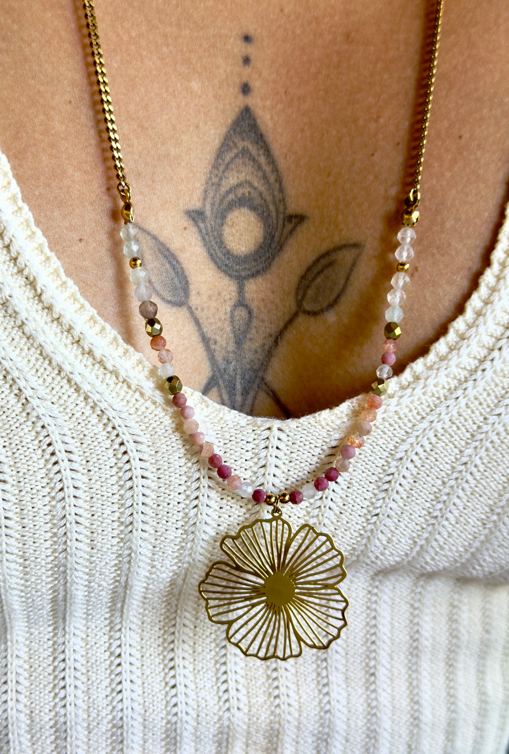 Sautoir Floria - Rhodonite-Pierre du Soleil- Fluorite