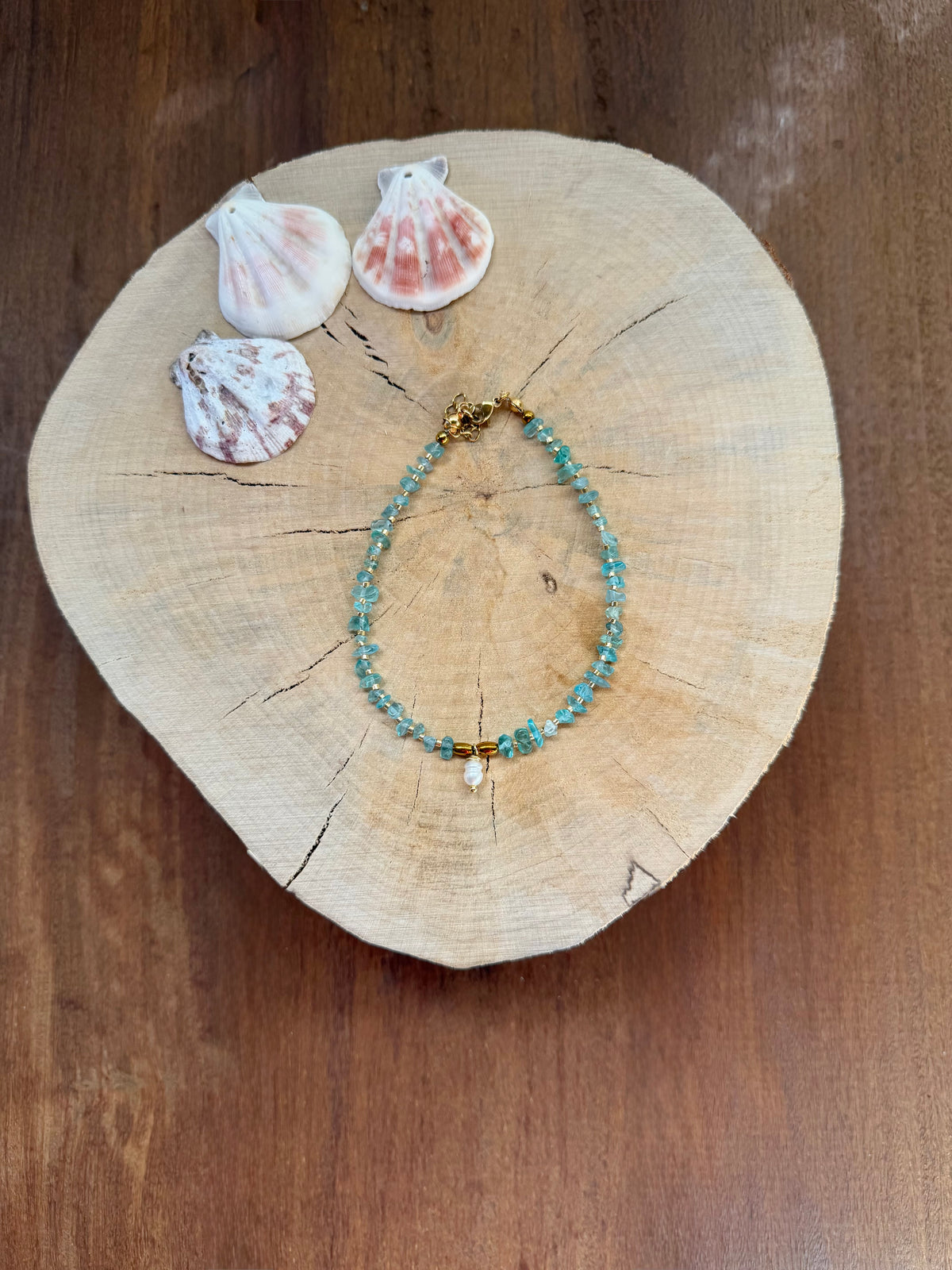 Chaîne de Cheville Apatite Bleue & Perle d’Eau Douce